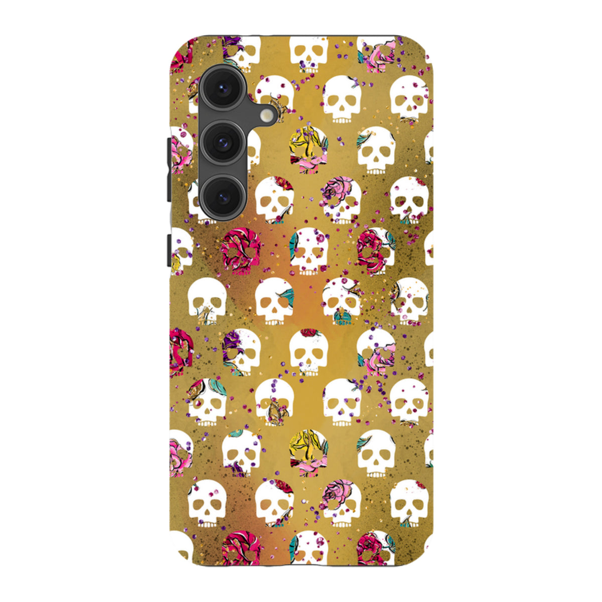 Samsung Galaxy tough case with a gold background, white skull pattern, and vibrant floral accents for dual-layer protection.