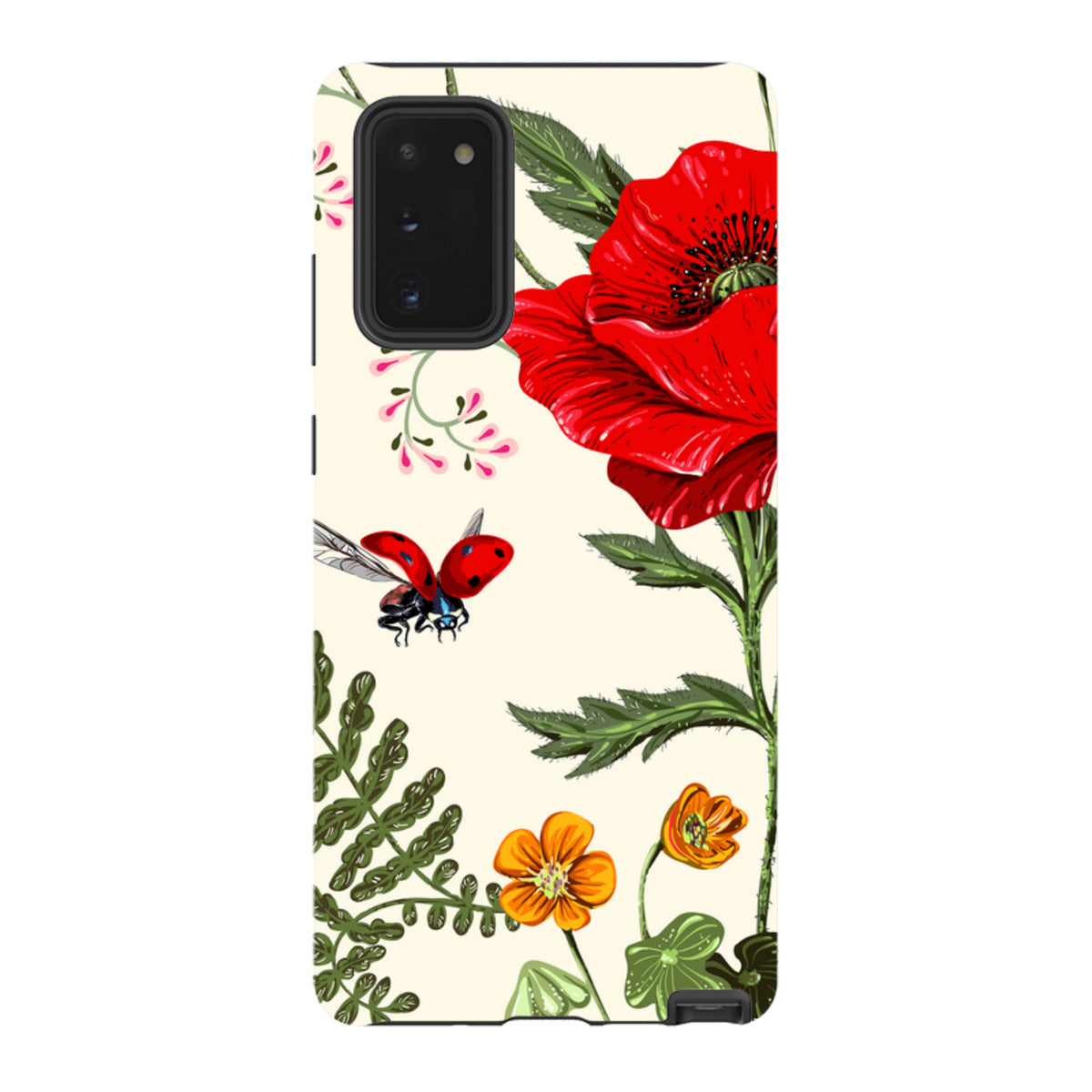 Samsung Tough Case featuring a vibrant red poppy, small orange flowers, and a ladybug on a cream background.