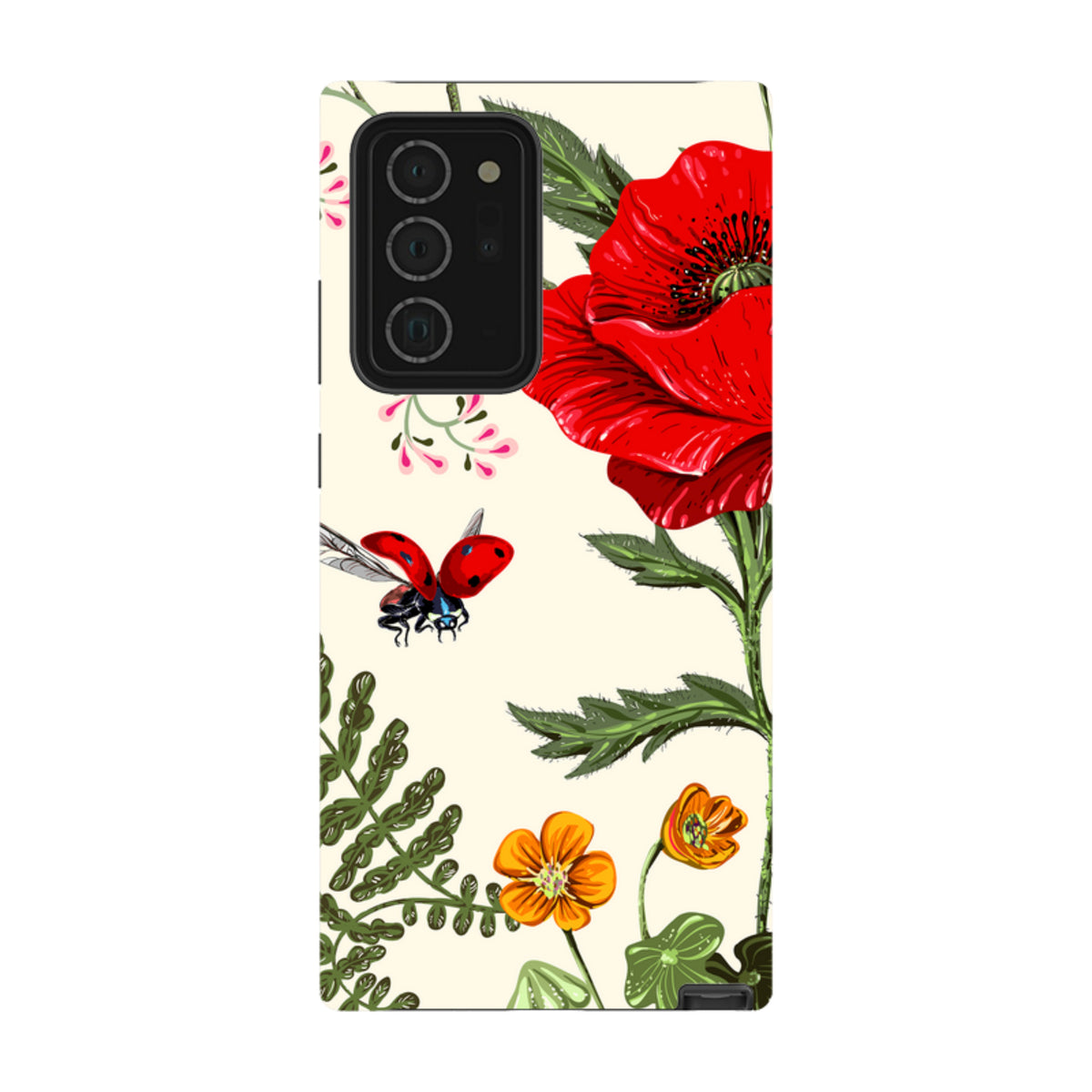 Samsung Tough Case featuring a cream background with vibrant red poppies, orange flowers, and a flying ladybug.