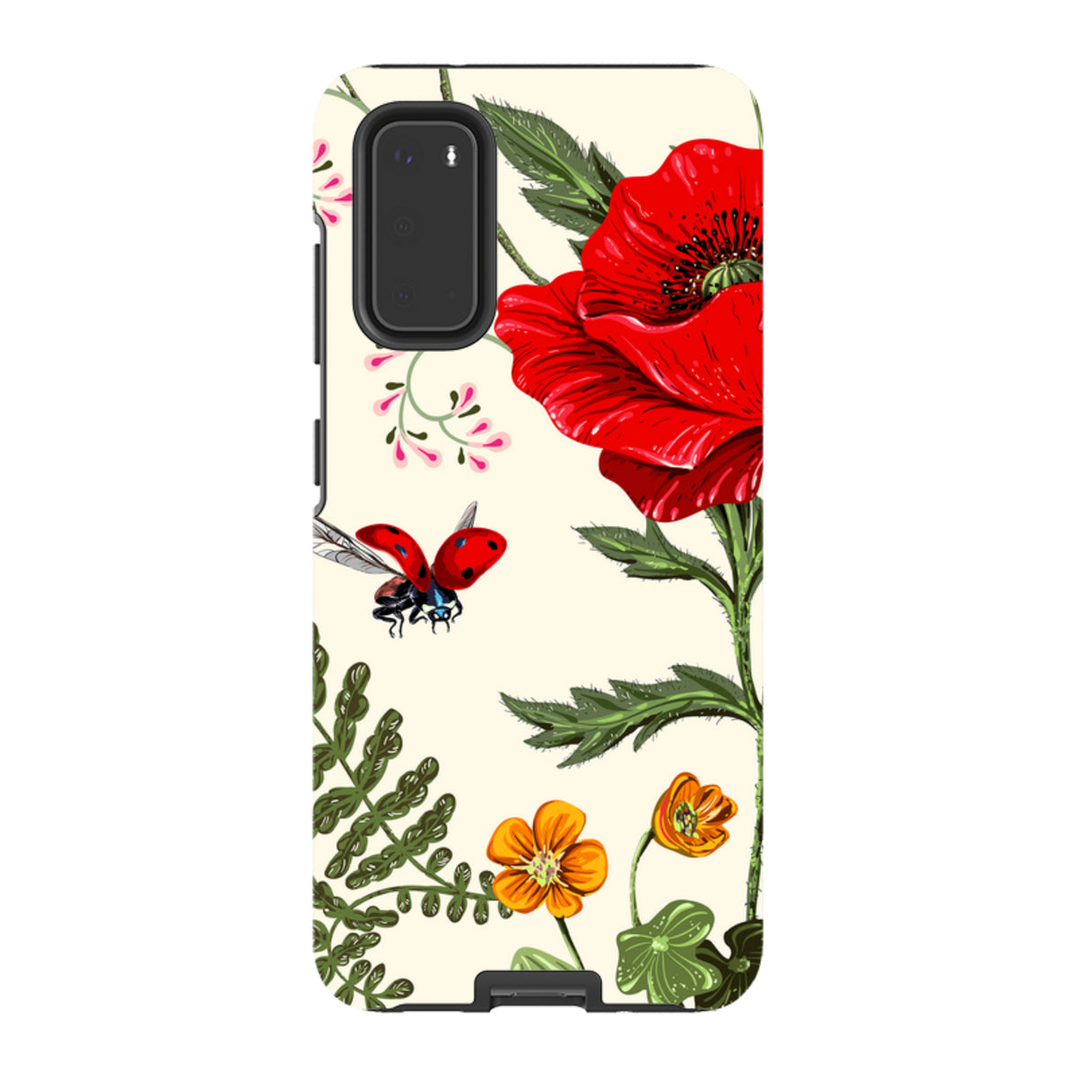 Samsung Tough Case featuring a Garden Delight floral print with a red poppy, small orange flowers, and a ladybug.