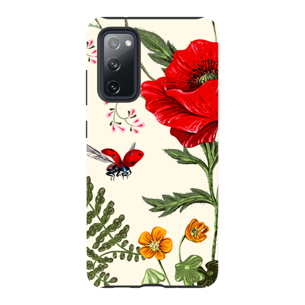 Samsung Tough Case featuring a Garden Delight floral print with red poppies, orange flowers, and a ladybug on cream.