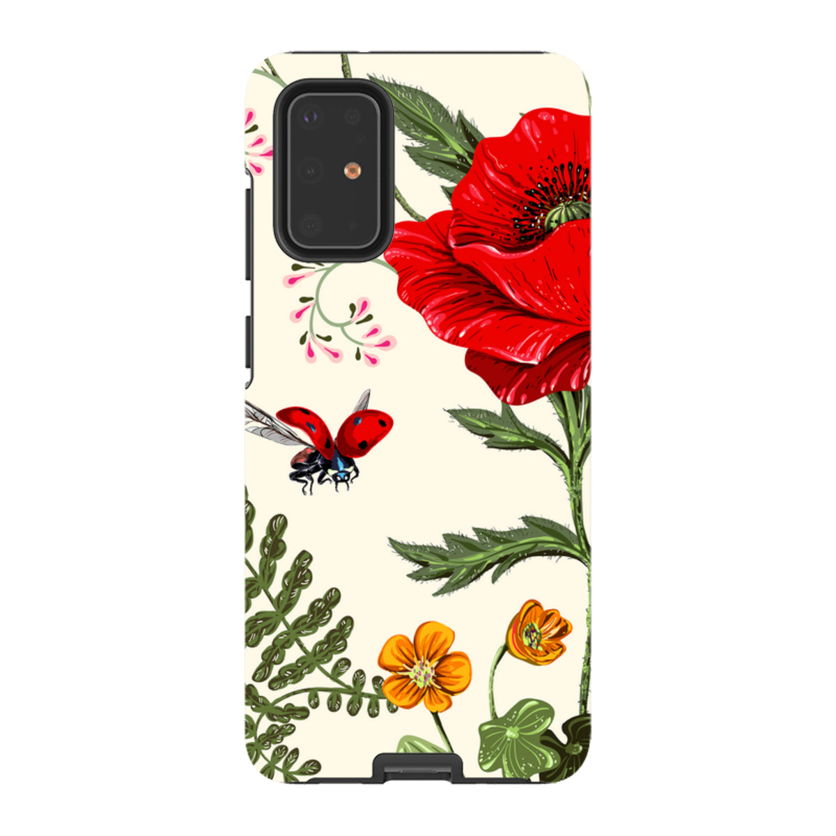 Samsung Galaxy tough case featuring a vibrant red poppy, small orange flowers, and a ladybug on a cream background.