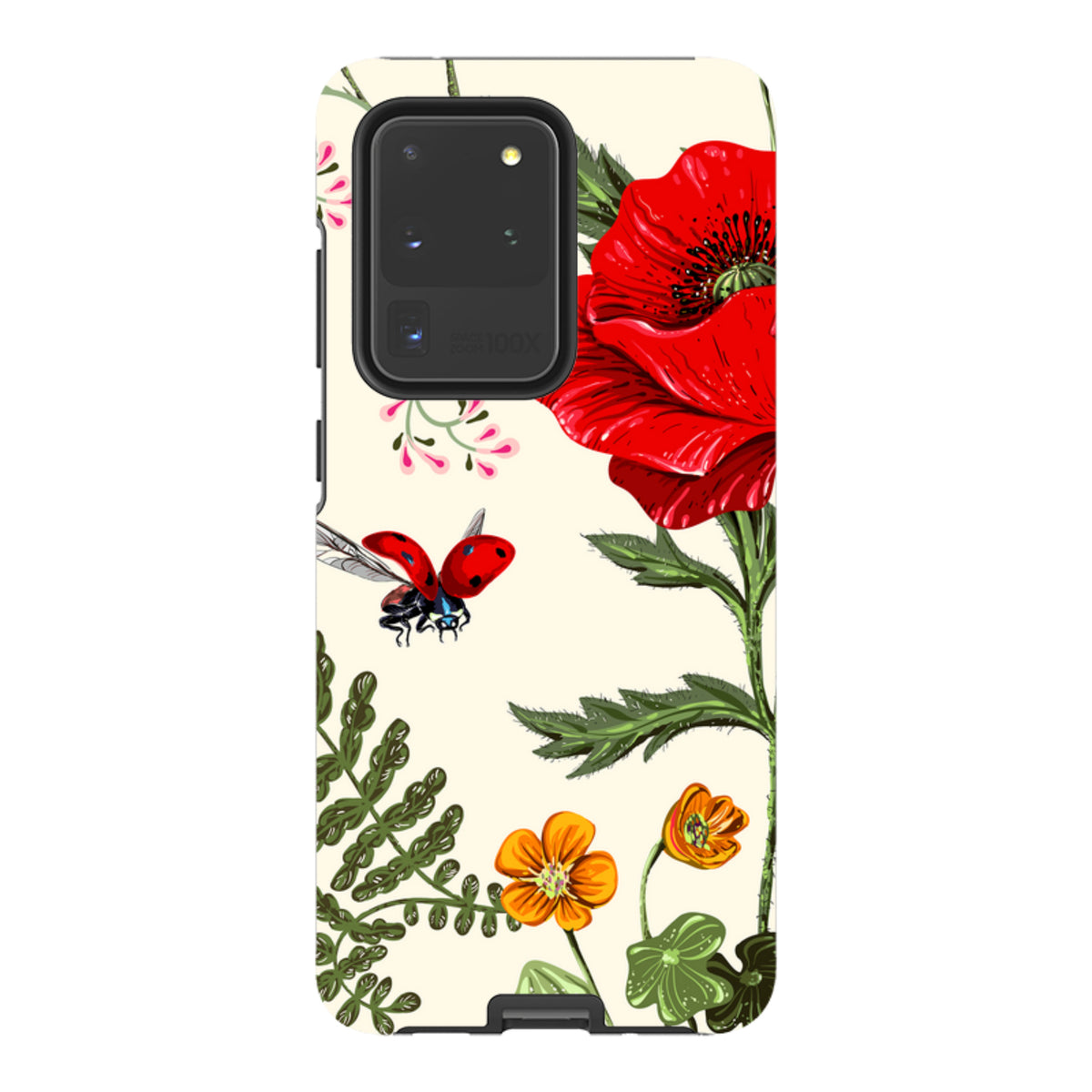 Samsung Tough Case featuring a cream background with red poppies, orange flowers, and a ladybug illustration.