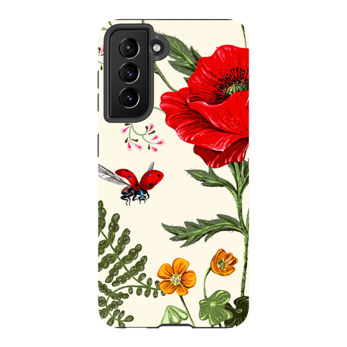 Samsung Tough Case featuring a Garden Delight floral print with red poppies, orange flowers, and a ladybug on cream.
