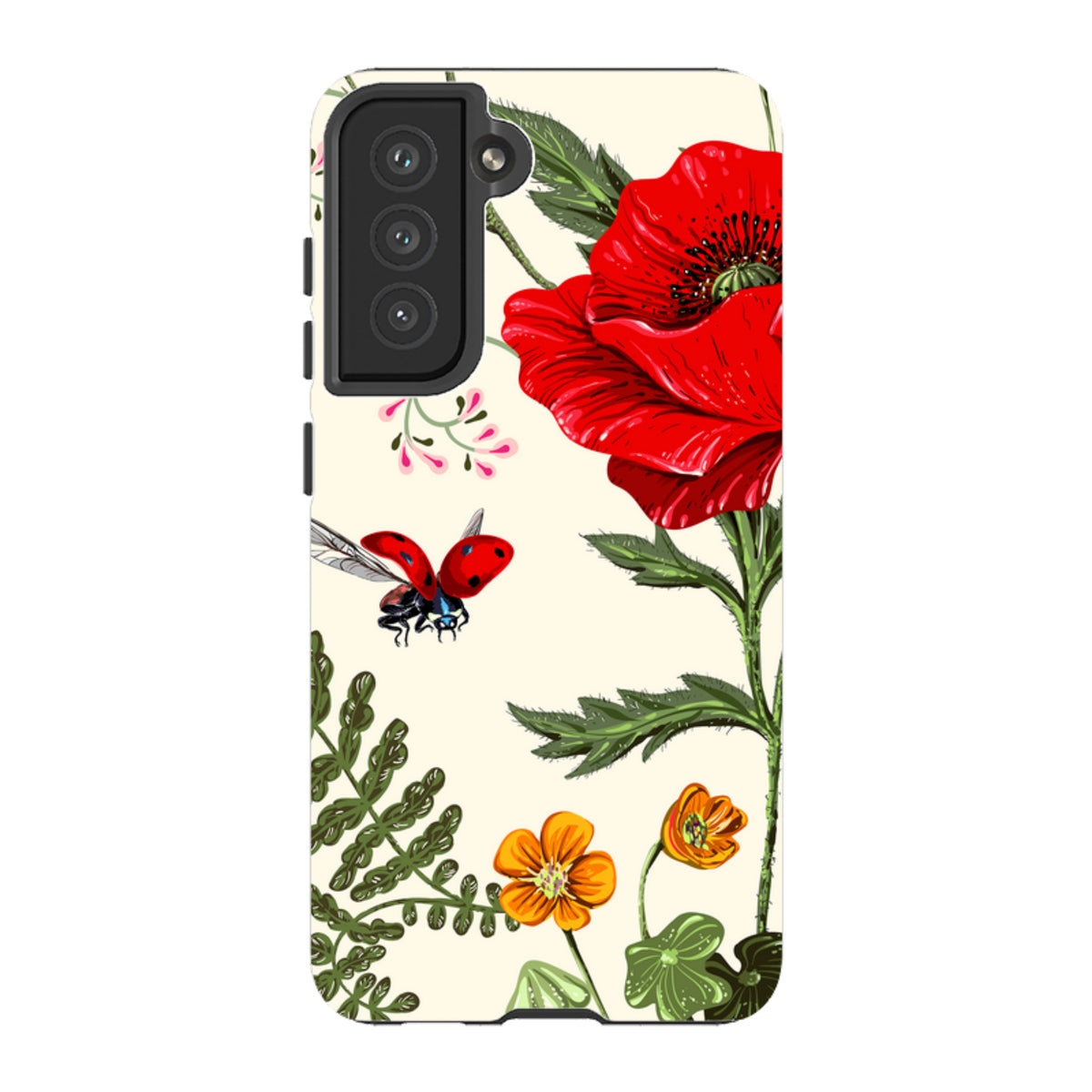 Samsung Tough Case featuring a vibrant red poppy, small orange flowers, and a ladybug on a cream background.