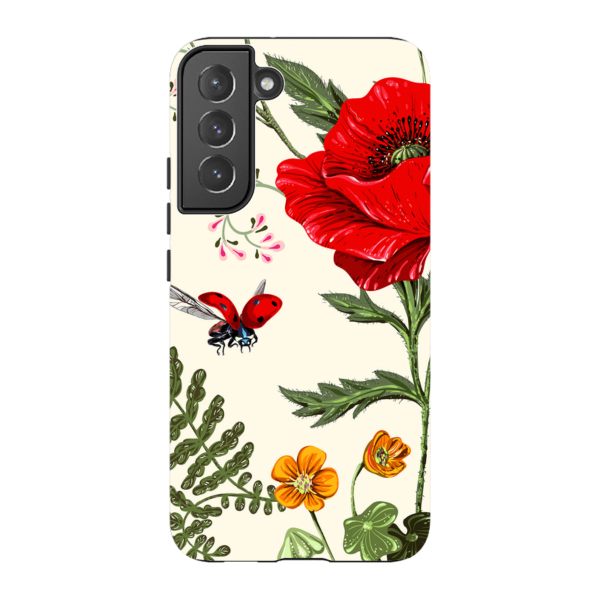 Samsung Tough Case featuring a vibrant red poppy, small orange flowers, and a ladybug on a cream background.
