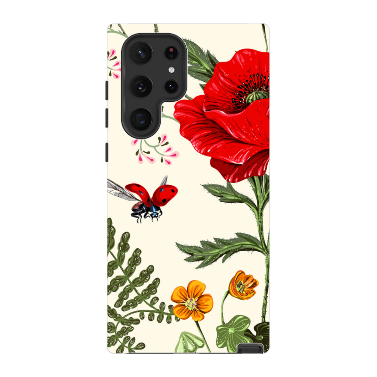 Samsung Tough Case featuring a Garden Delight floral print with red poppies, orange flowers, and a ladybug on cream.