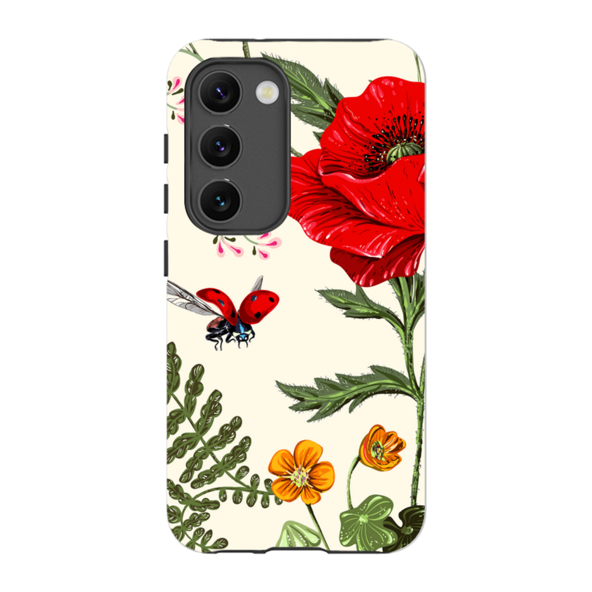 Samsung Galaxy tough case featuring a Garden Delight print with red poppies, orange flowers, and a ladybug on cream.
