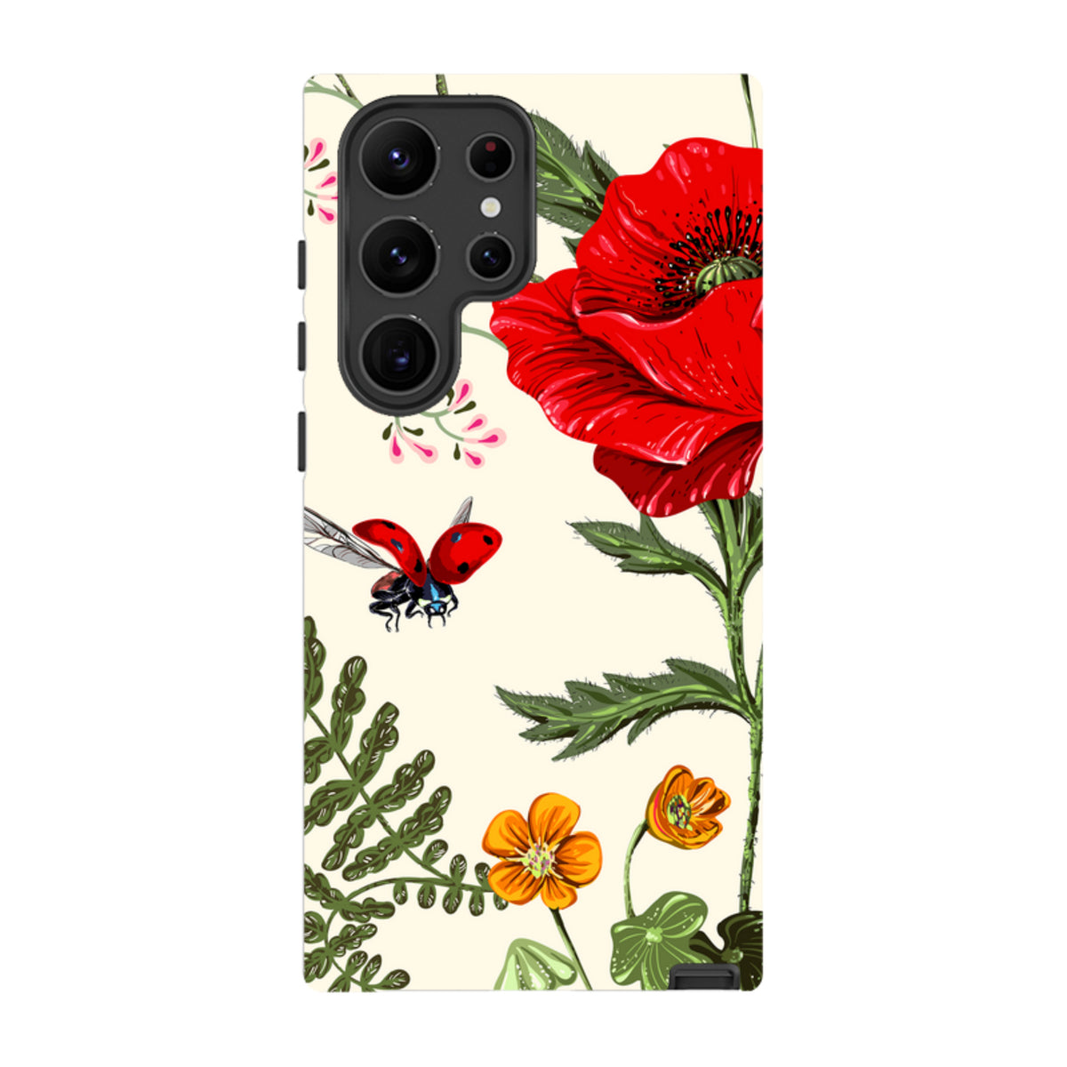 Samsung Tough Case featuring a vibrant red poppy, small orange flowers, and a ladybug on a cream background.