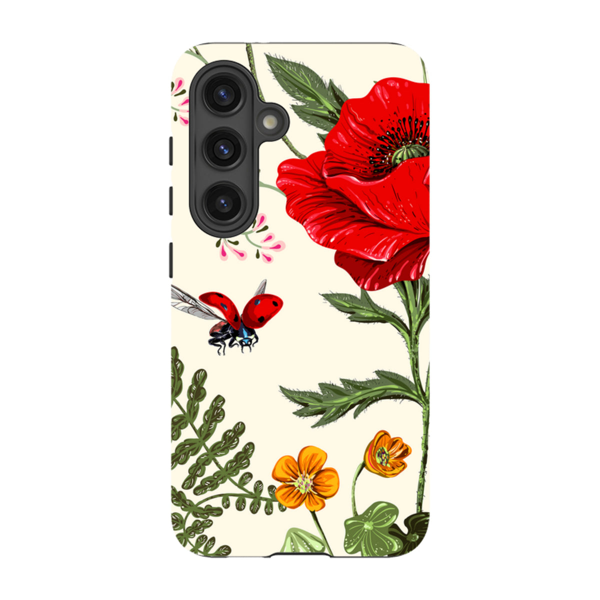 Samsung tough phone case featuring a cream background with vibrant red poppies, orange flowers, and a flying ladybug.
