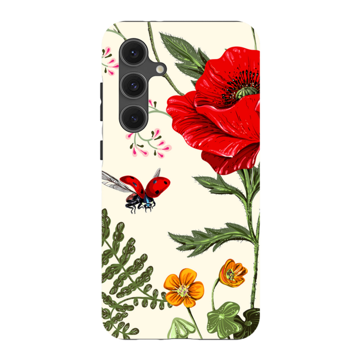 Samsung Tough Case featuring a vibrant Garden Delight floral print with red poppies, orange flowers, and a ladybug.