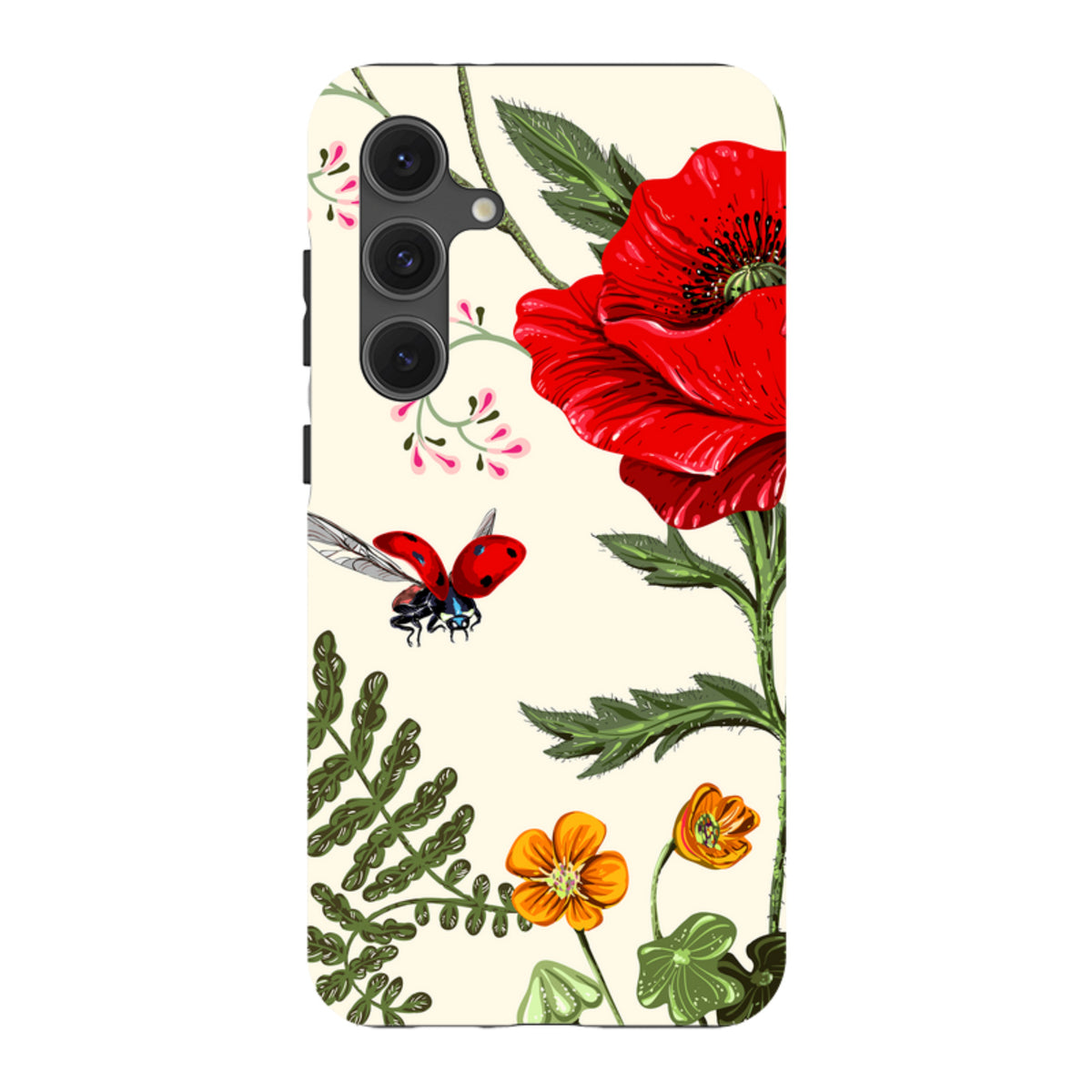 Samsung Tough Case featuring a Garden Delight floral print with red poppies, small orange flowers, and a ladybug.