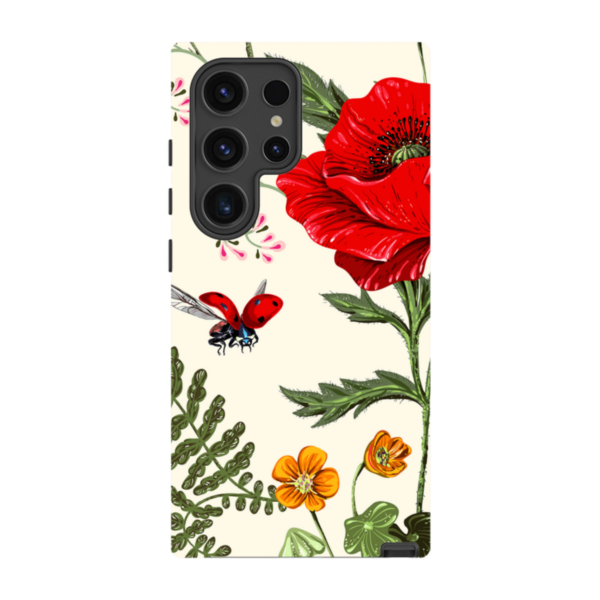 Samsung Tough Case featuring a cream background with vibrant red poppies, orange flowers, and a flying ladybug.