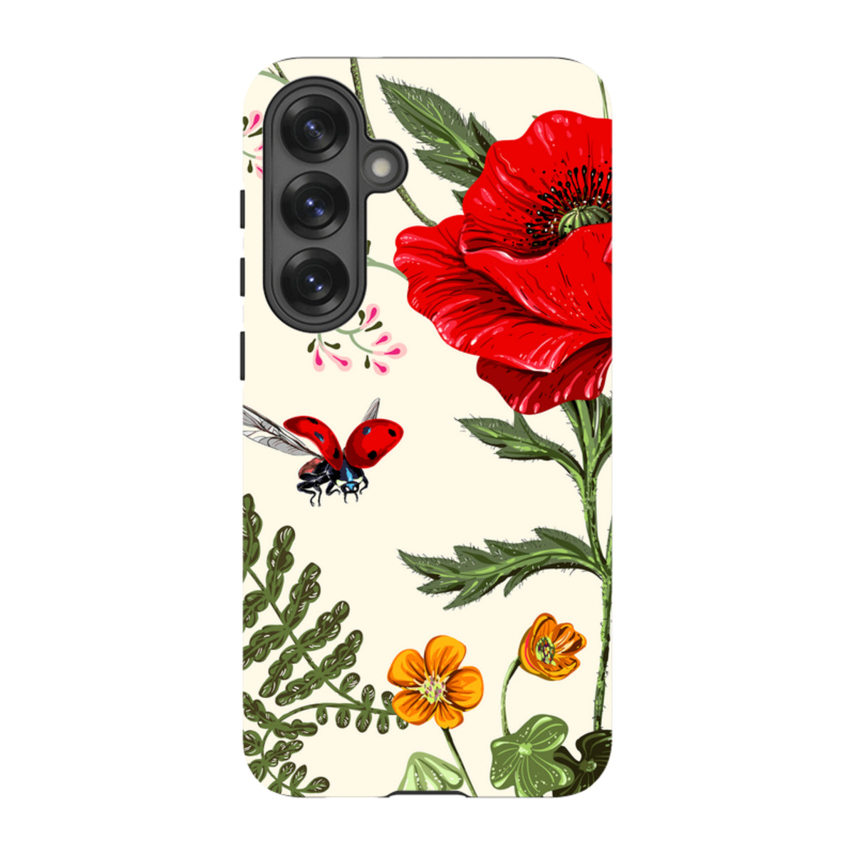 Samsung Tough Case featuring a vibrant red poppy, ladybug, and floral garden art on a cream background.