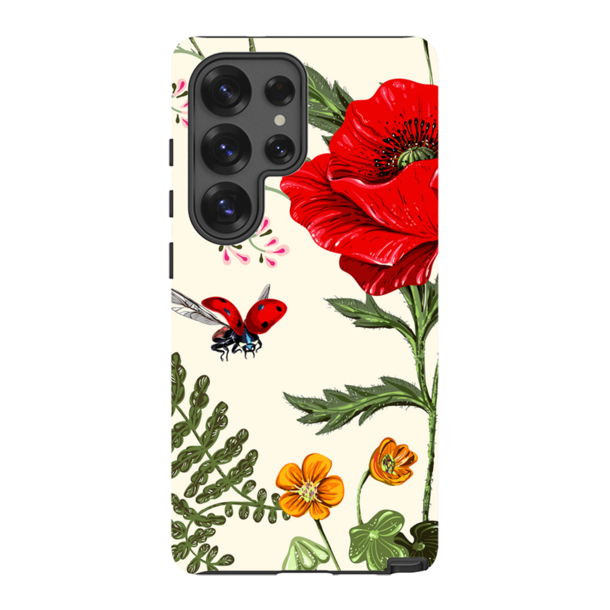 Samsung Tough Case featuring a vibrant red poppy, small orange flowers, and a ladybug on a cream background.