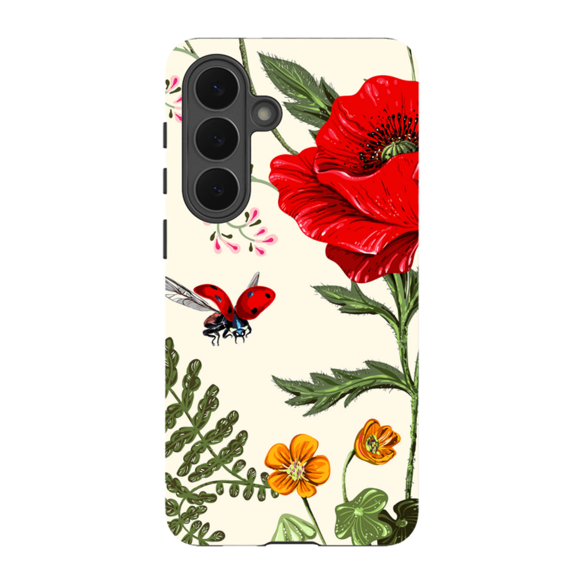 Samsung Galaxy tough case featuring a vibrant red poppy, small orange flowers, and a ladybug on a cream background.