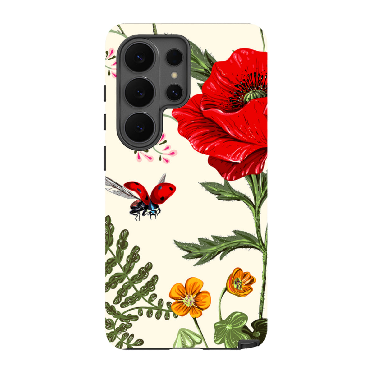 Samsung tough phone case featuring a cream background with vibrant red poppies, orange flowers, and a flying ladybug.