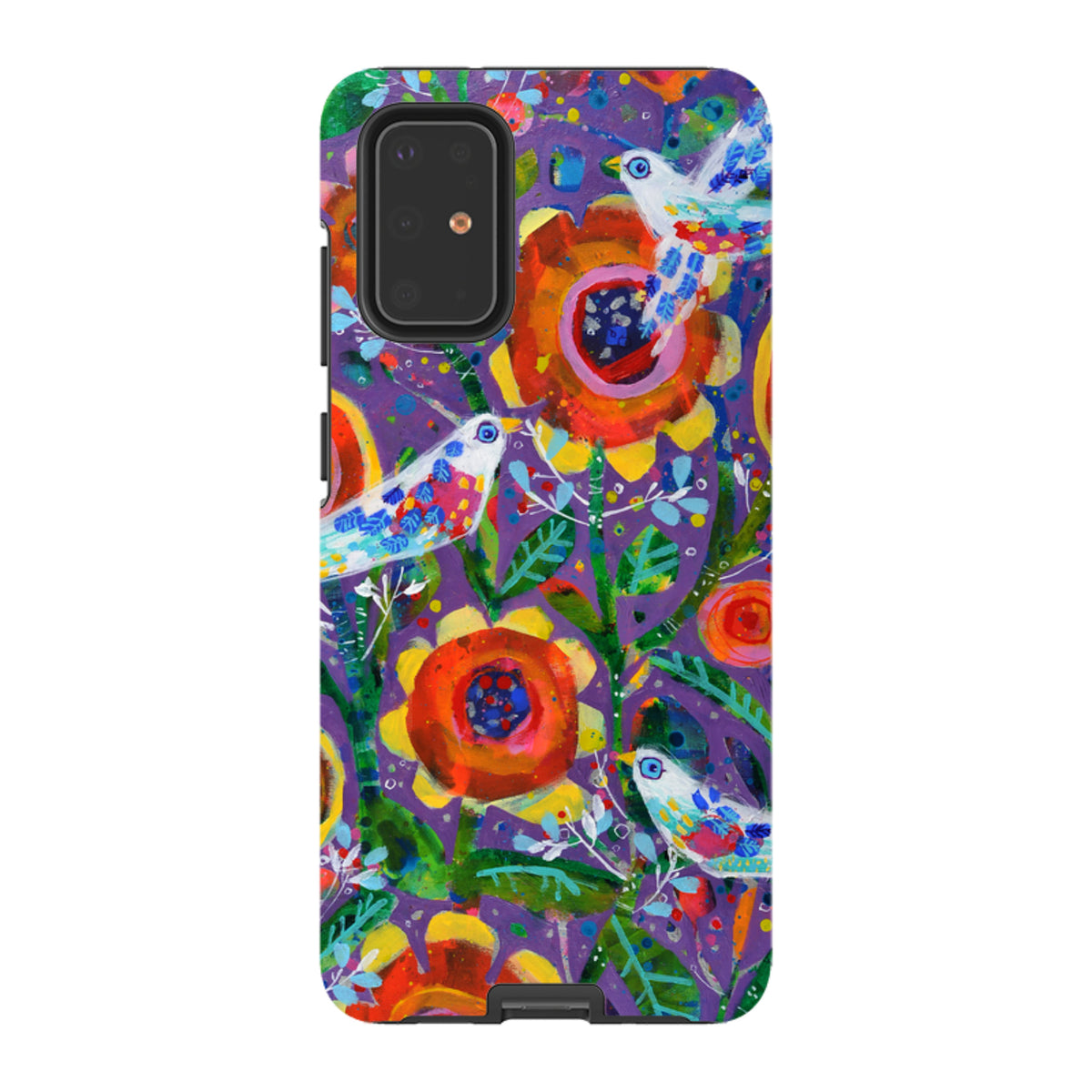 Samsung phone case featuring Claire West's Garden Party art with vibrant flowers and birds on a purple background.