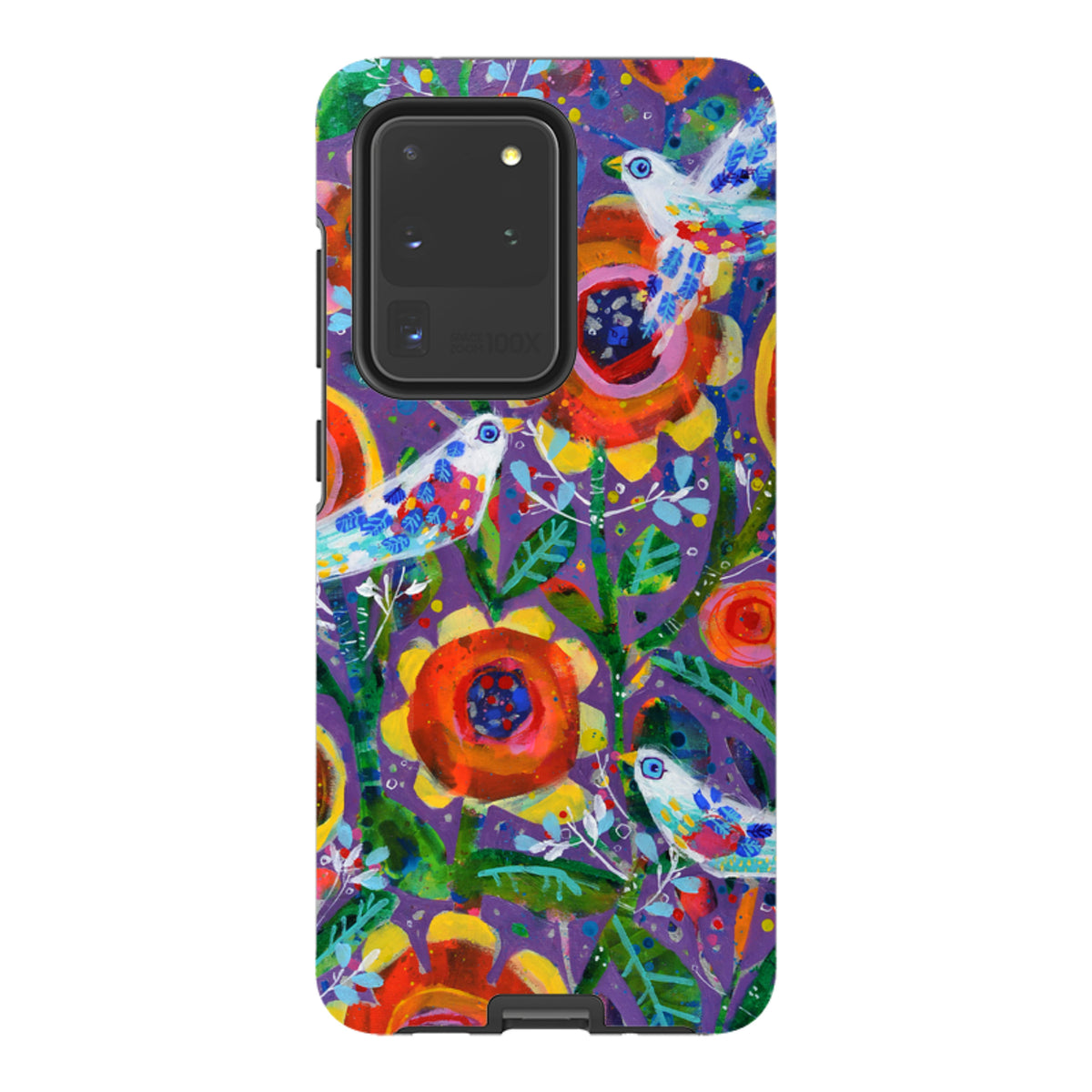 Samsung Tough Case featuring Claire West's vibrant Garden Party floral and bird art on a durable dual-layer phone cover.