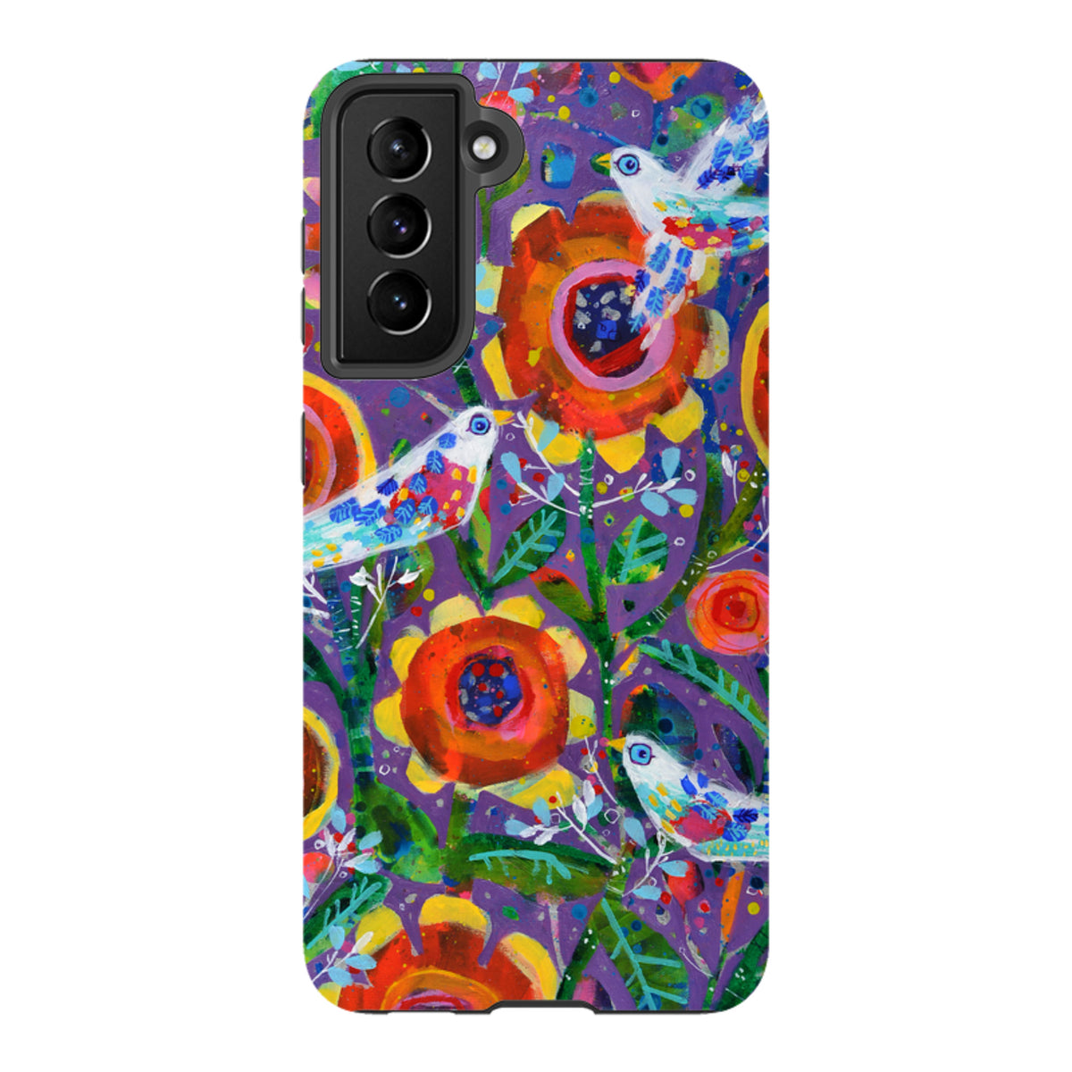 Samsung Galaxy tough case featuring Claire West's vibrant Garden Party floral and bird art on a purple background.