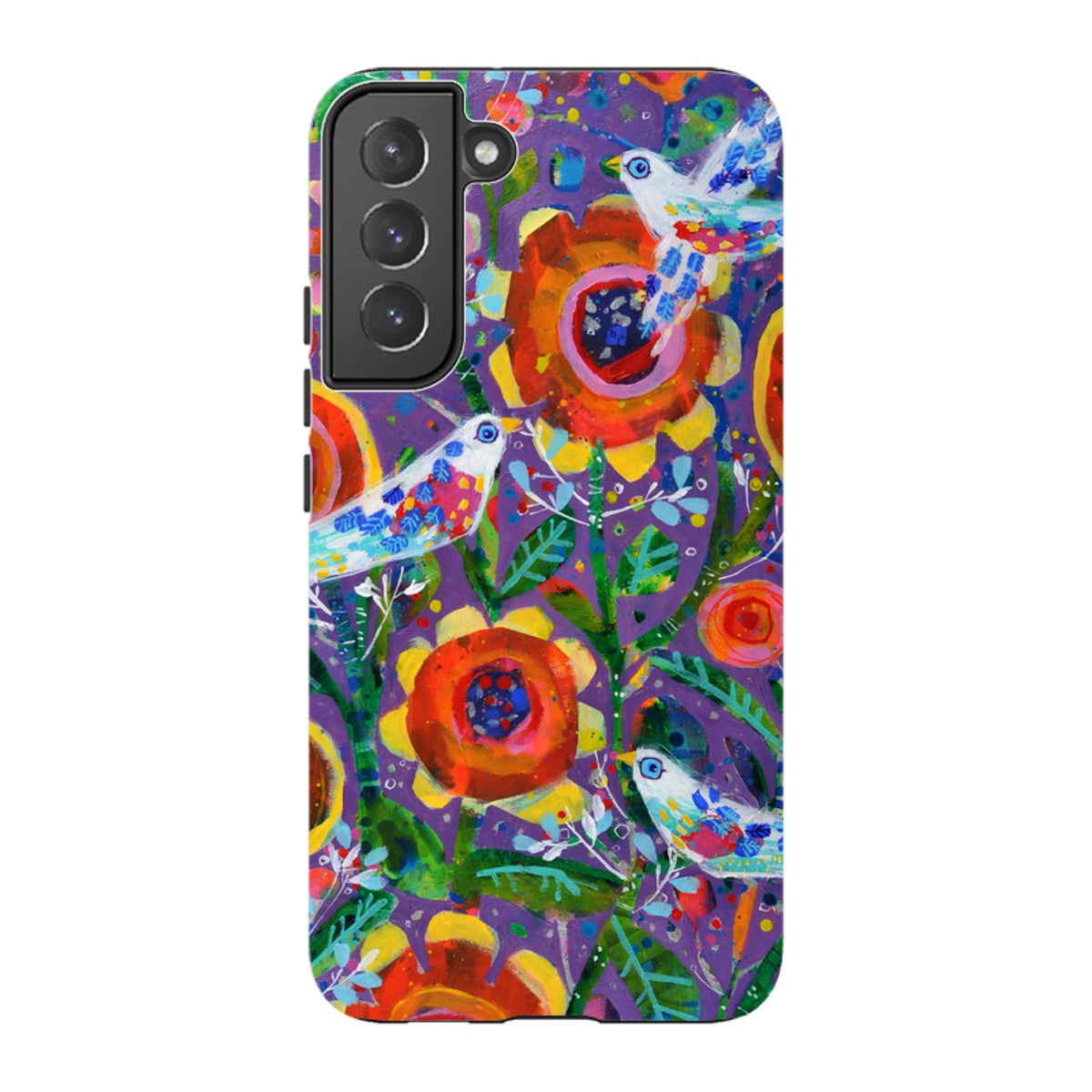 Samsung Tough Case featuring Claire West's vibrant Garden Party floral and bird art on a purple background.