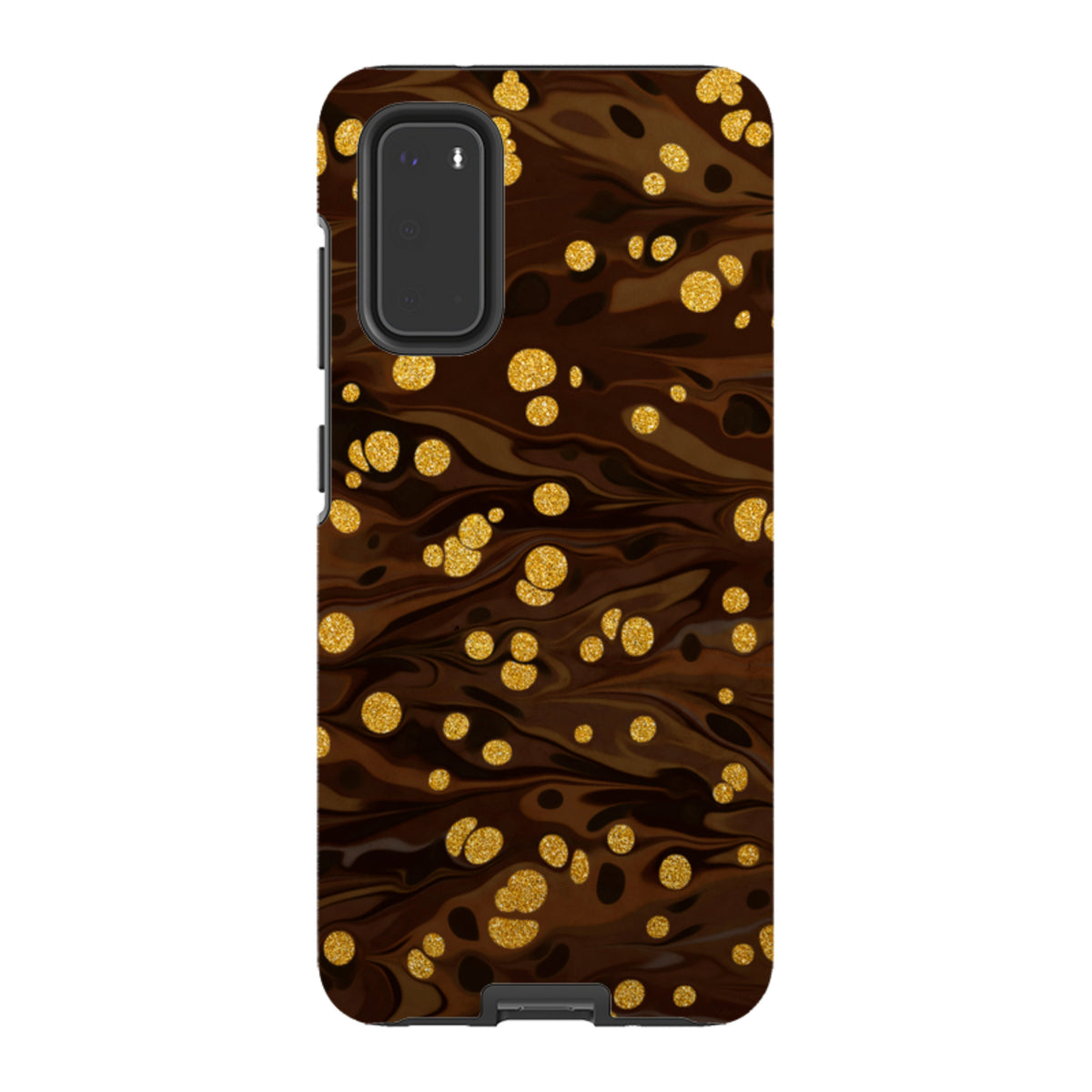 Samsung Tough Case in Ginger Soda featuring a dark brown marbled design with shimmering gold glitter accents.