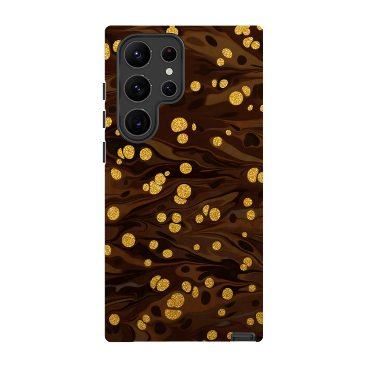Samsung Tough Case in Ginger Soda featuring a brown marble pattern with shimmering gold glitter accents for Galaxy phones.