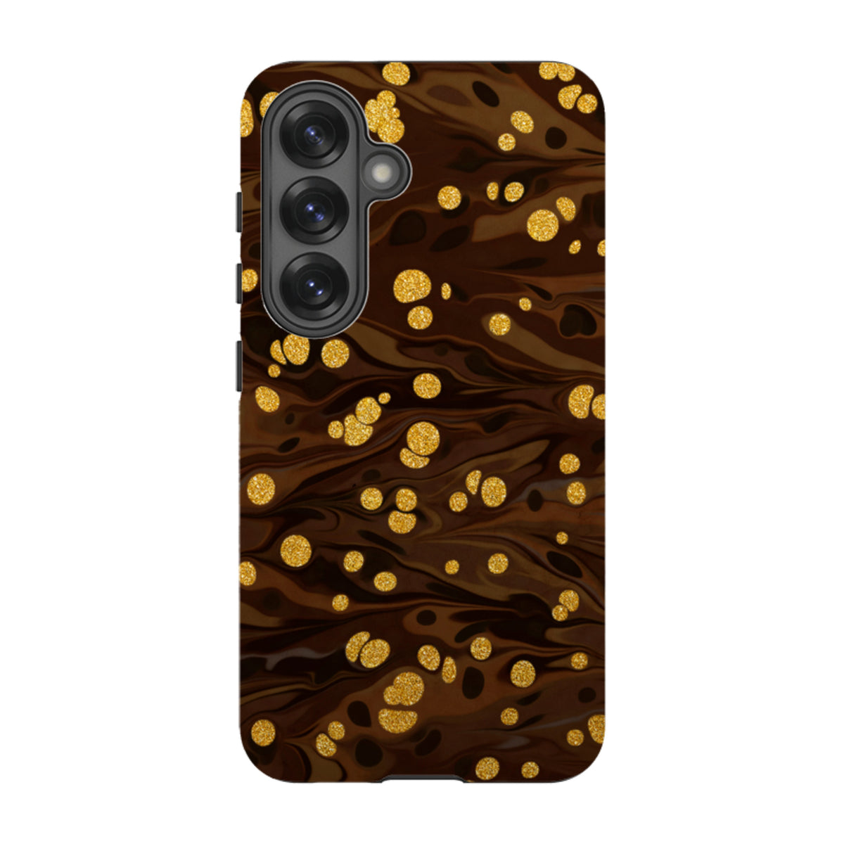 Samsung Tough Case featuring a ginger soda brown marble design with sparkling gold glitter accents and dual-layer protection.