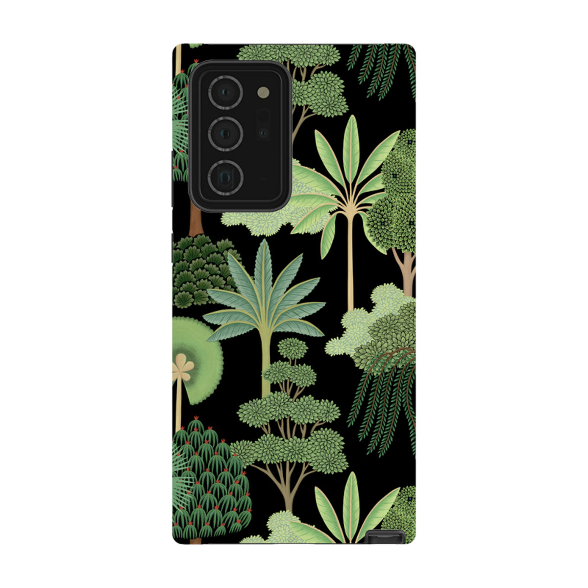 Samsung Tough Case featuring a vibrant green tropical forest pattern on a black background with dual-layer protection.