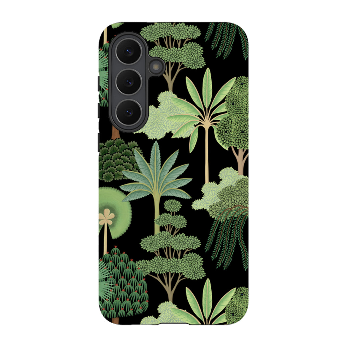 Samsung Tough Case featuring a black background with a vibrant, green botanical forest pattern and triple camera cutout.