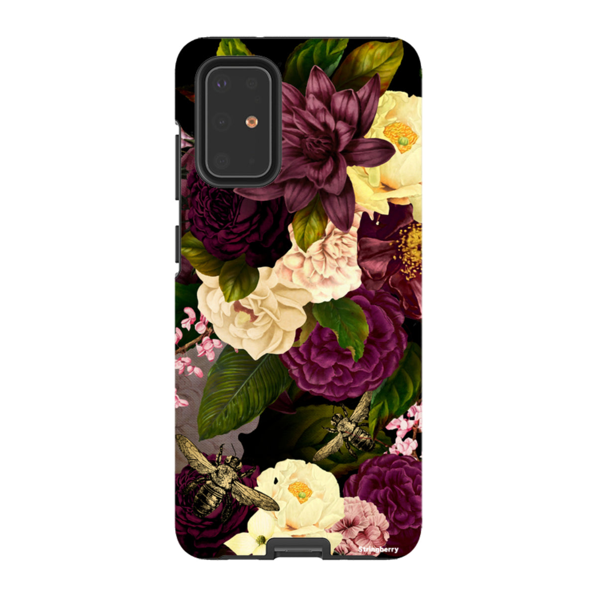 Samsung Tough Case featuring a dark floral design with deep purple and cream flowers, green leaves, and vintage bees.