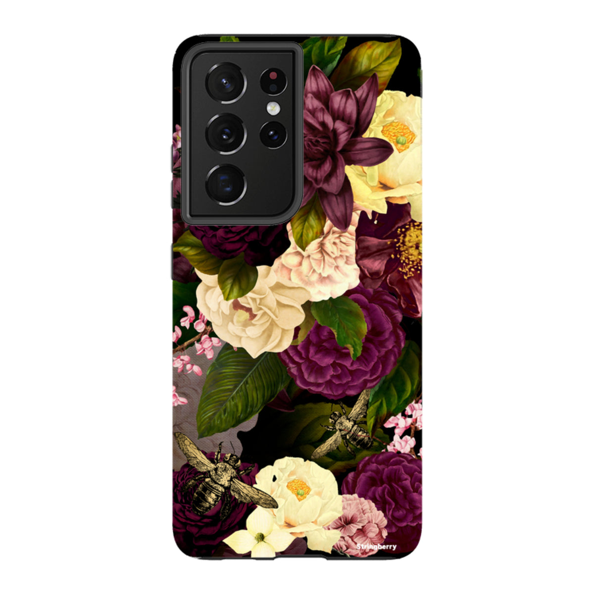 Samsung Tough Case featuring a dark floral Grace design with cream and purple flowers, bees, and dual-layer protection.
