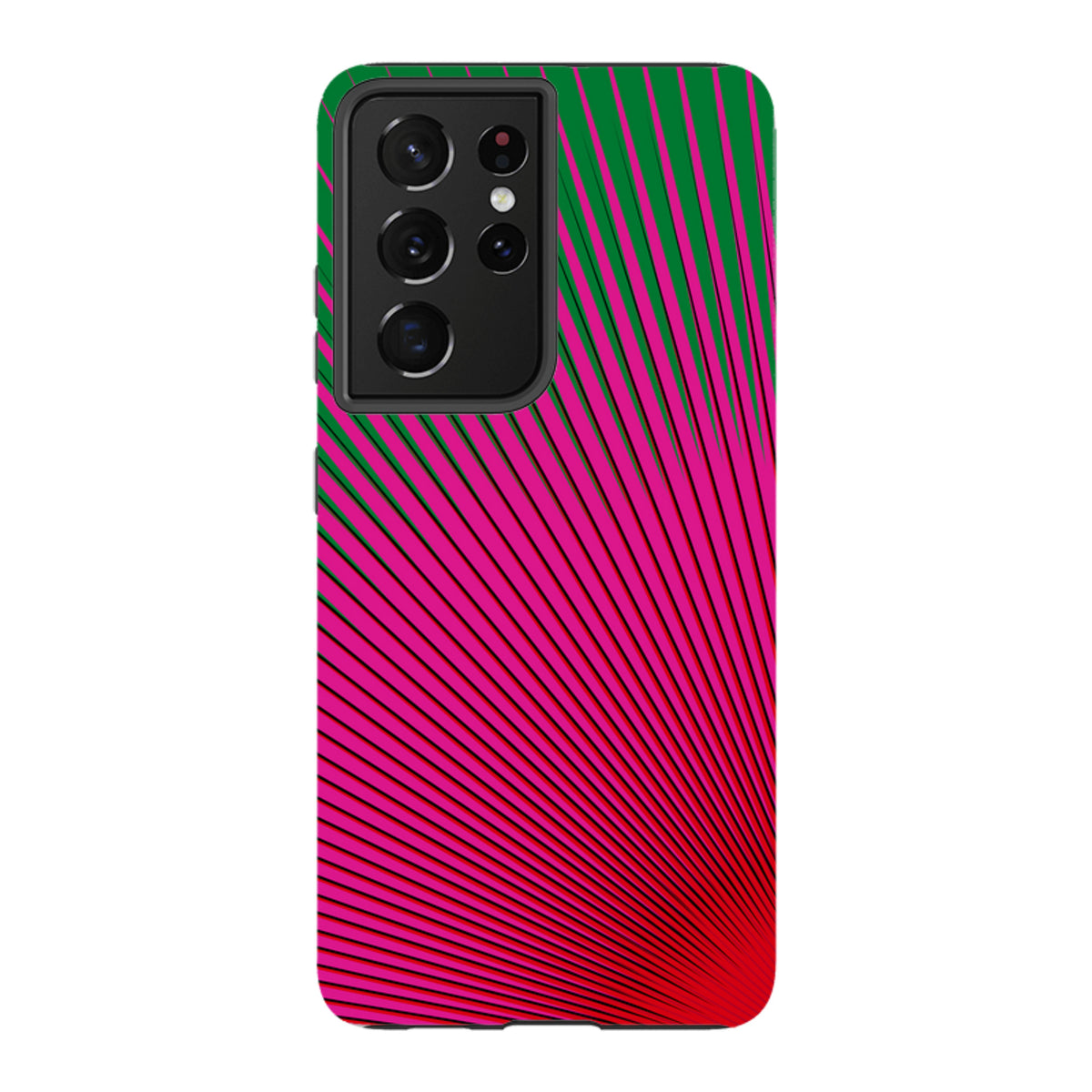 Samsung Tough Case featuring a vibrant pink and green radial sunburst pattern on a durable dual-layer phone cover.