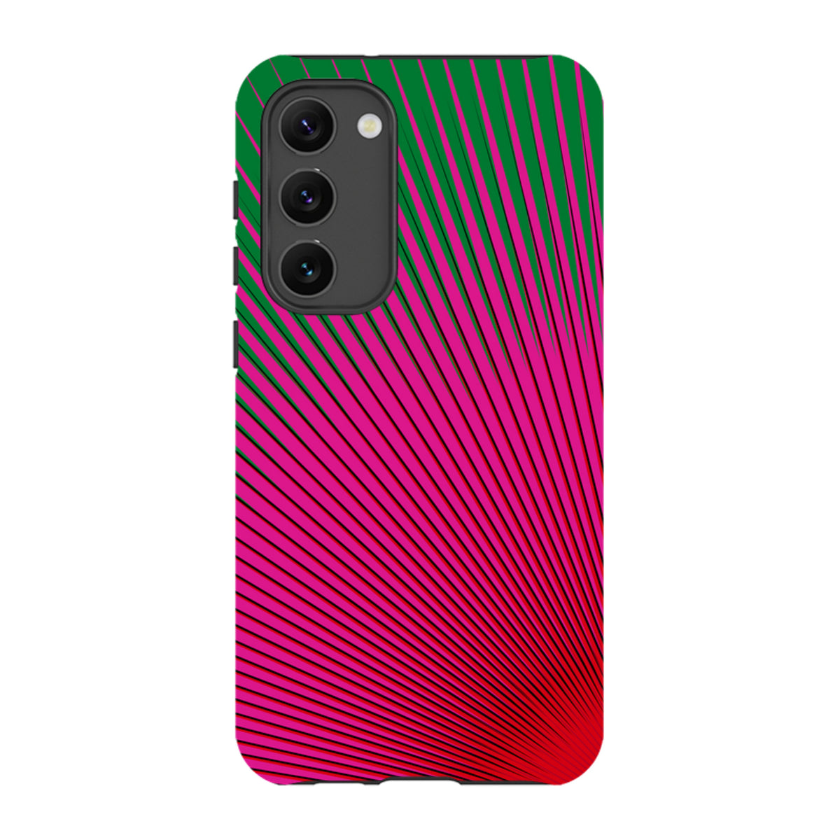Samsung Tough Case featuring a vibrant green and hot pink sunburst pattern by Kitty Joseph for Galaxy devices.