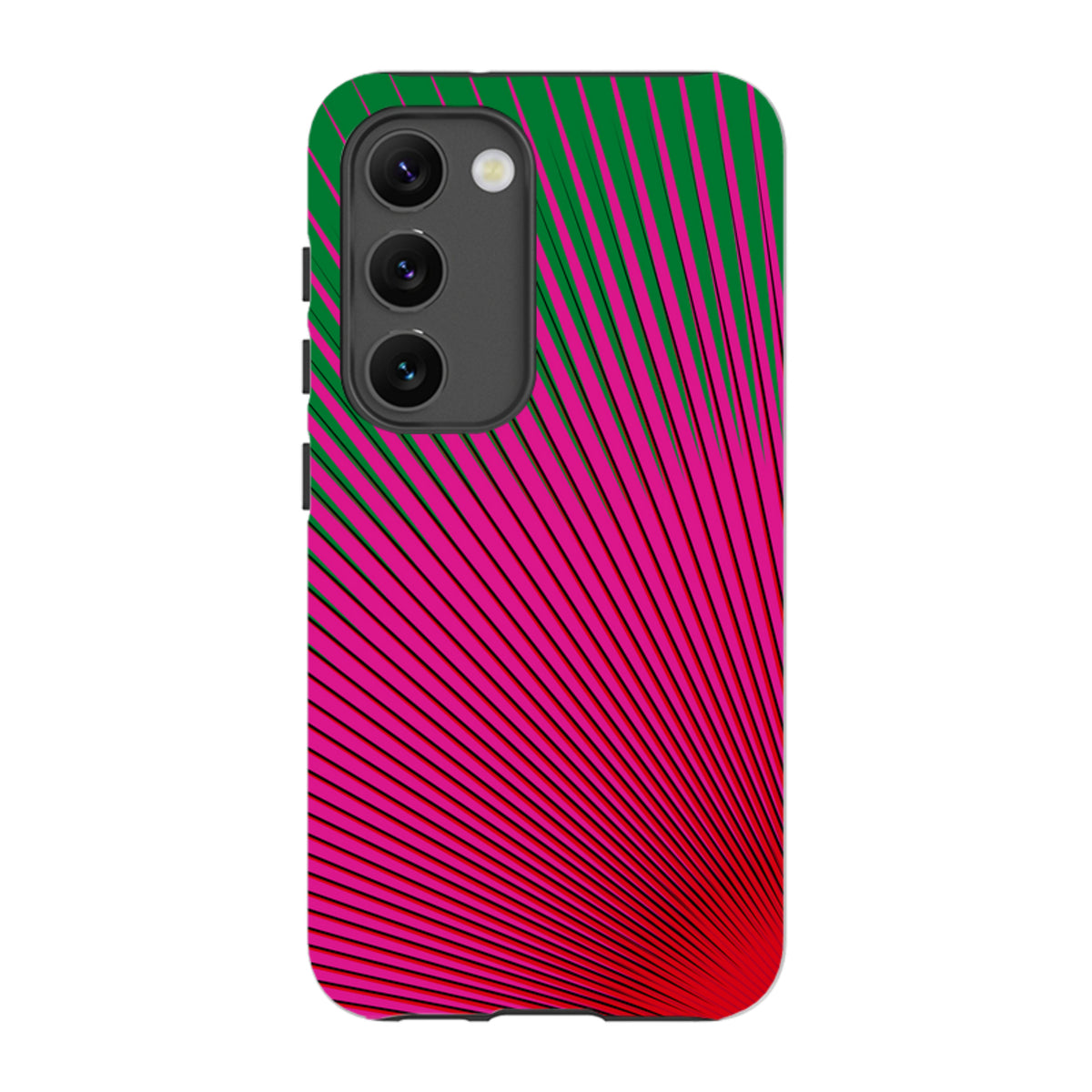Samsung Tough Case featuring a vibrant pink and green radial sunburst pattern by Kitty Joseph for Galaxy devices.