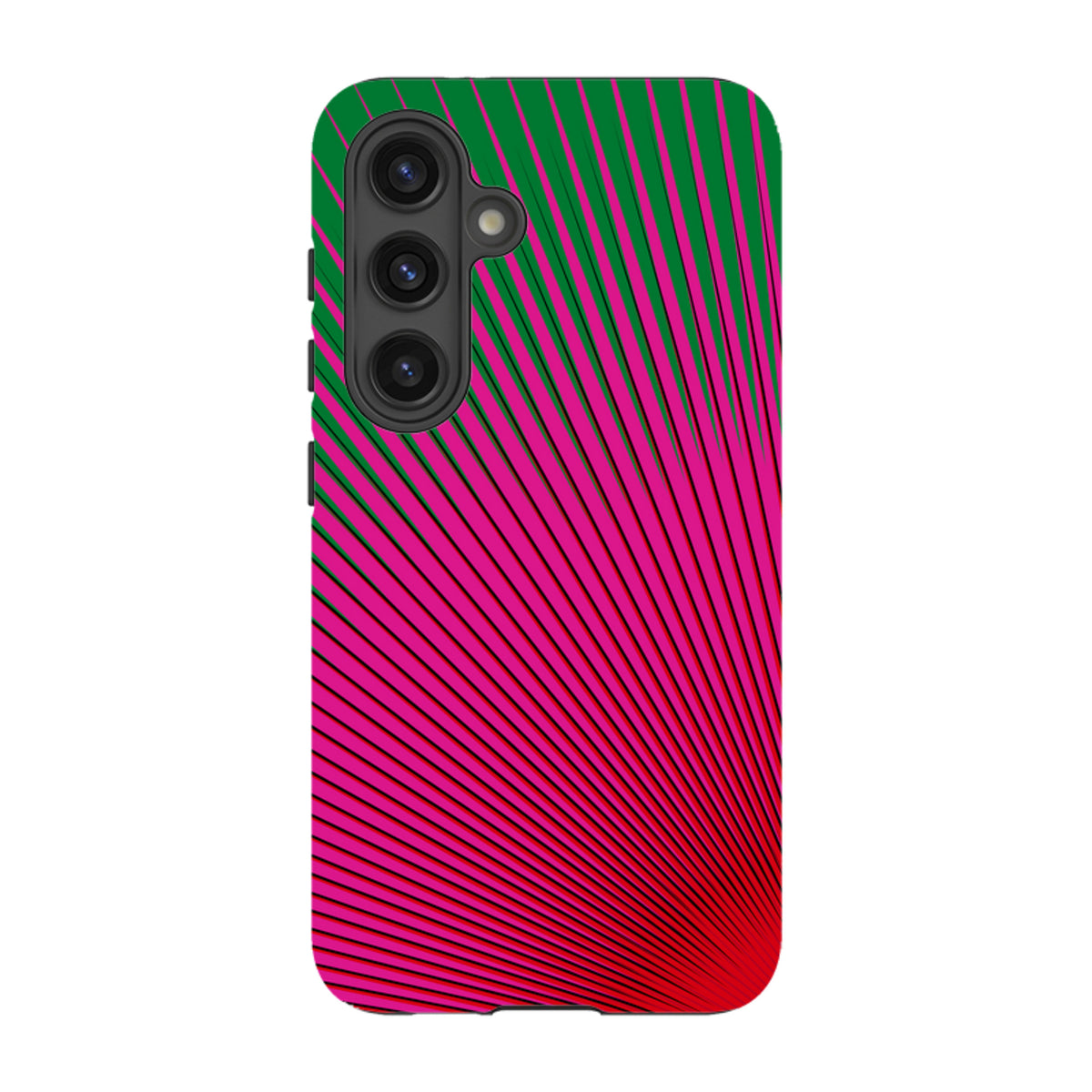 Samsung Galaxy tough case featuring a vibrant green and pink radial sunburst pattern by Kitty Joseph.