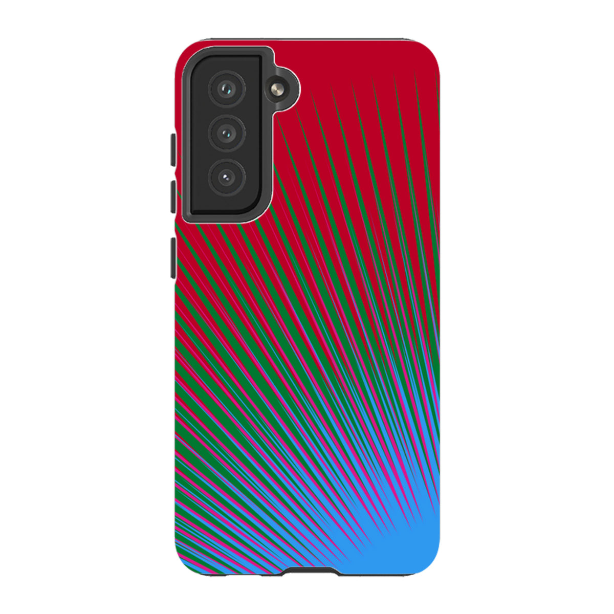 Samsung Tough Case featuring a vibrant red, green, and blue firework sunburst pattern with dual-layer protection.