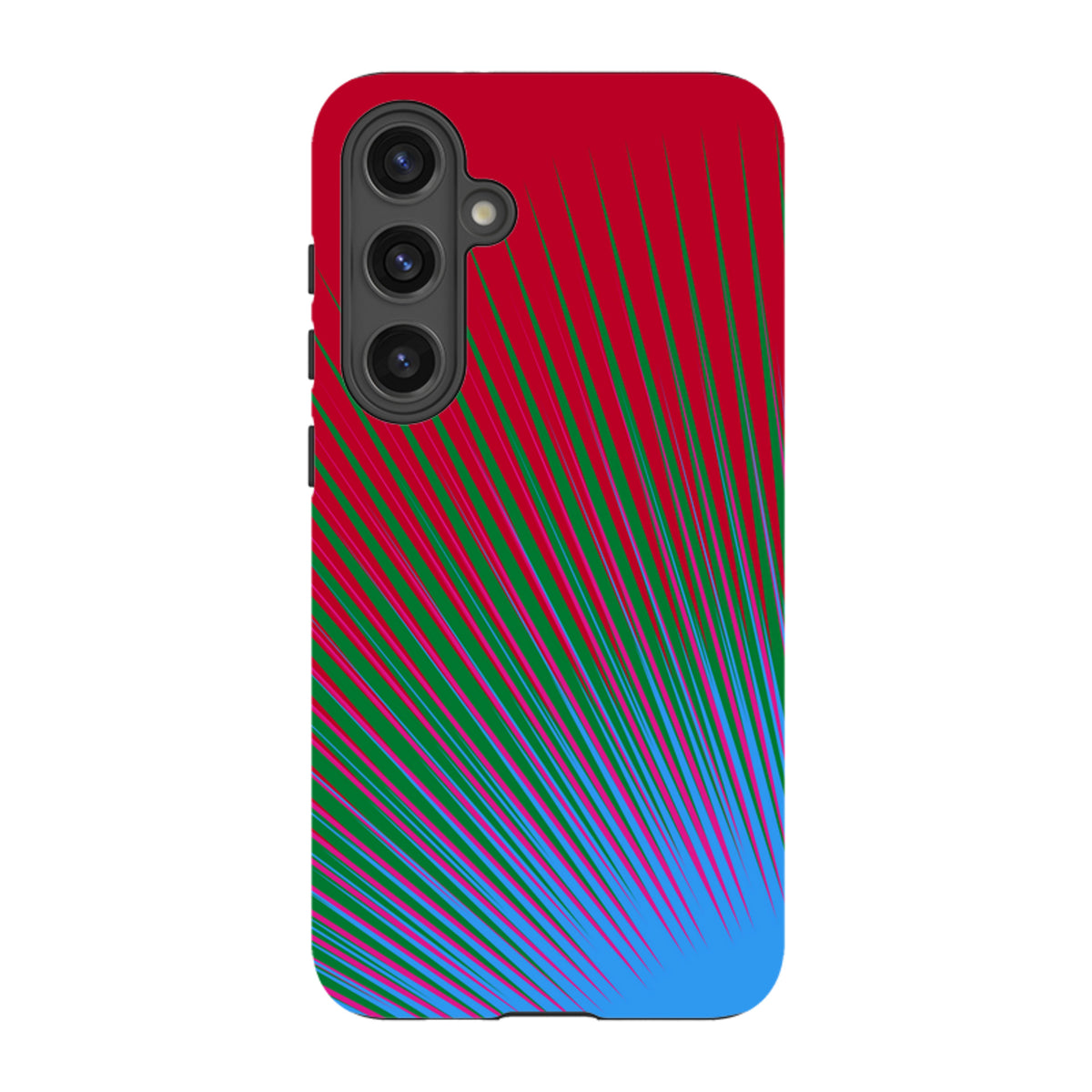 Samsung Tough Case featuring a vibrant red, green, and blue firework burst pattern with a durable dual-layer design.