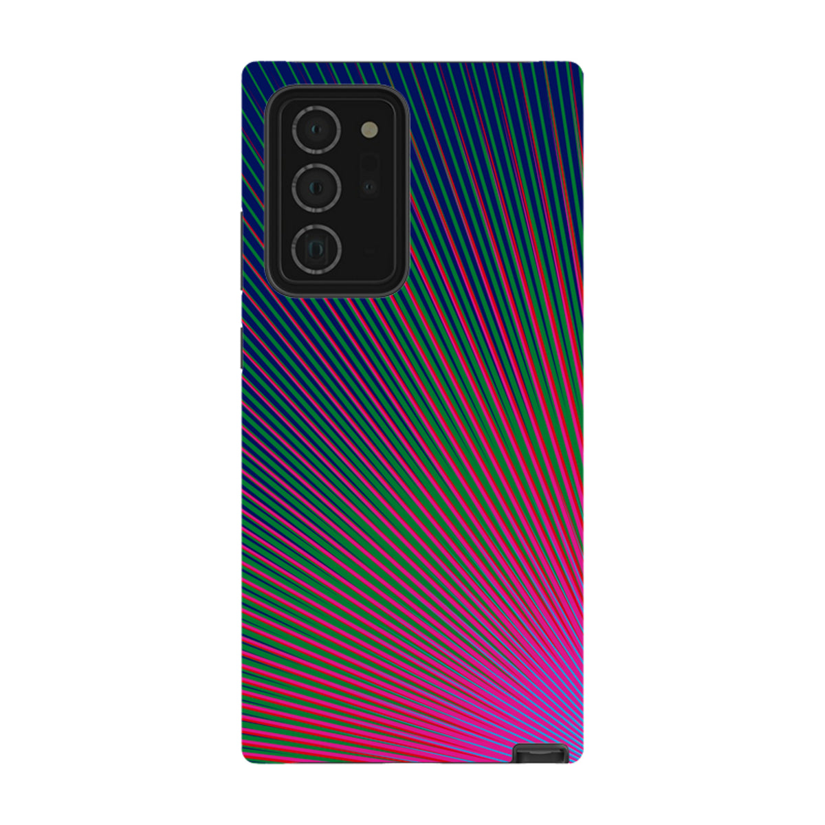 Samsung Tough Case featuring a vibrant Halos Star radial pattern in neon pink, green, and blue on a Galaxy phone.