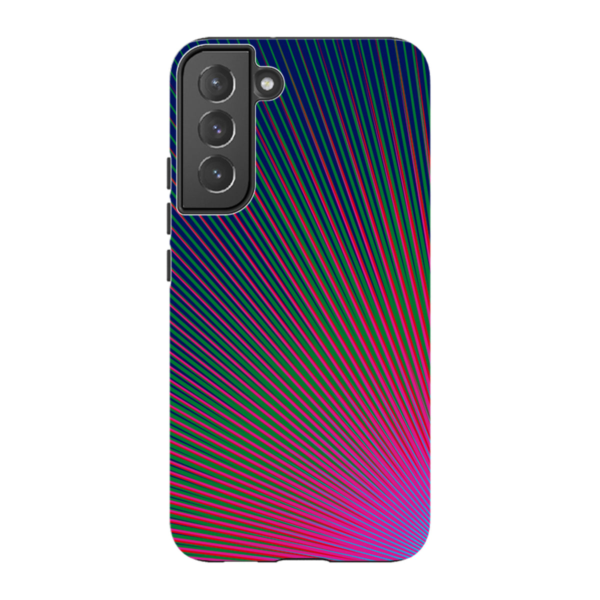 Samsung Tough Case featuring a vibrant pink, blue, and green radial starburst pattern on a durable dual-layer shell.
