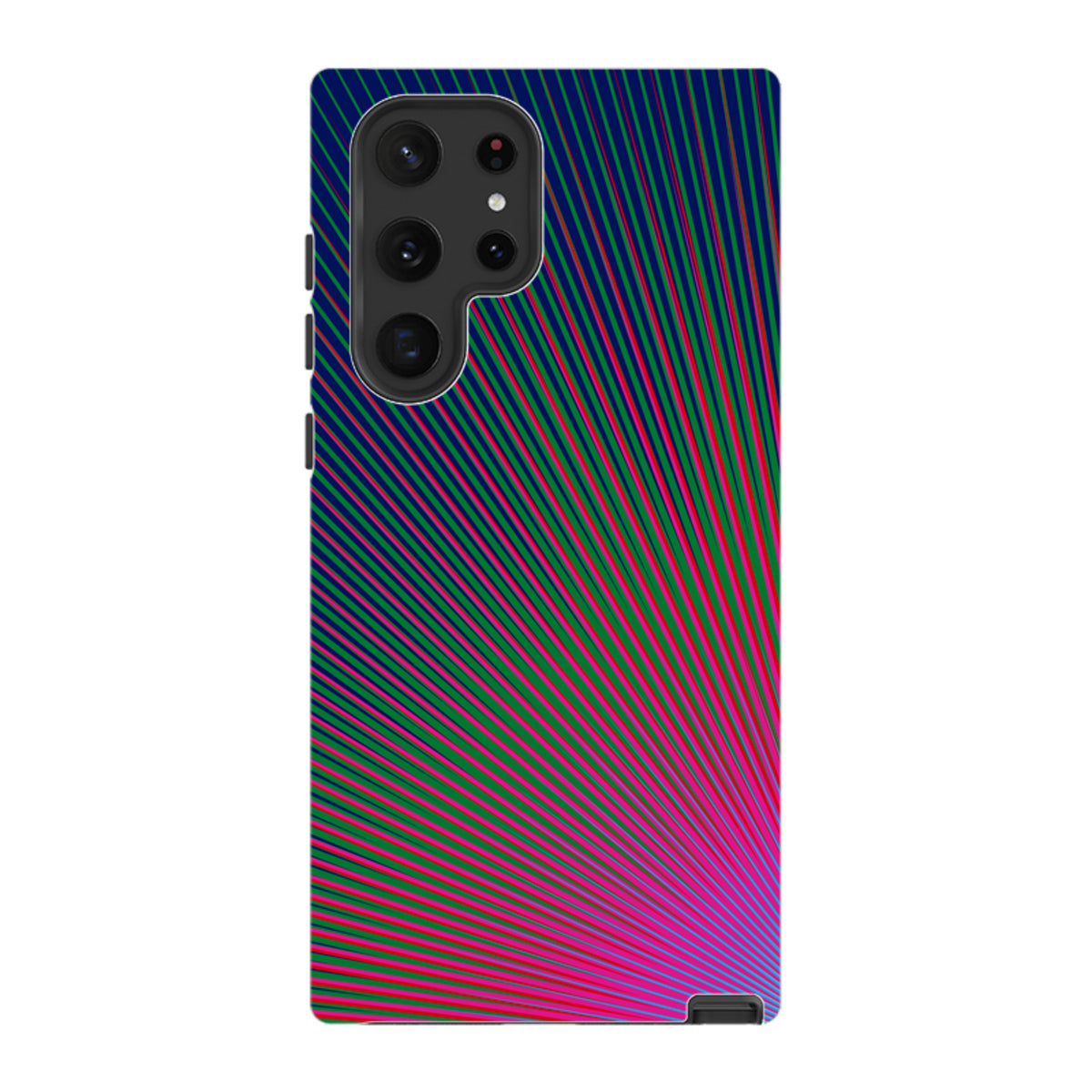 Samsung Tough Case featuring a vibrant Halos Star radial line pattern in neon pink, green, and blue on a dark background.