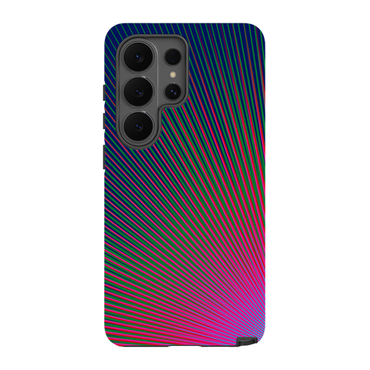 Samsung Galaxy tough case featuring a vibrant Halos Star radial pattern in neon pink, green, and blue on a durable shell.