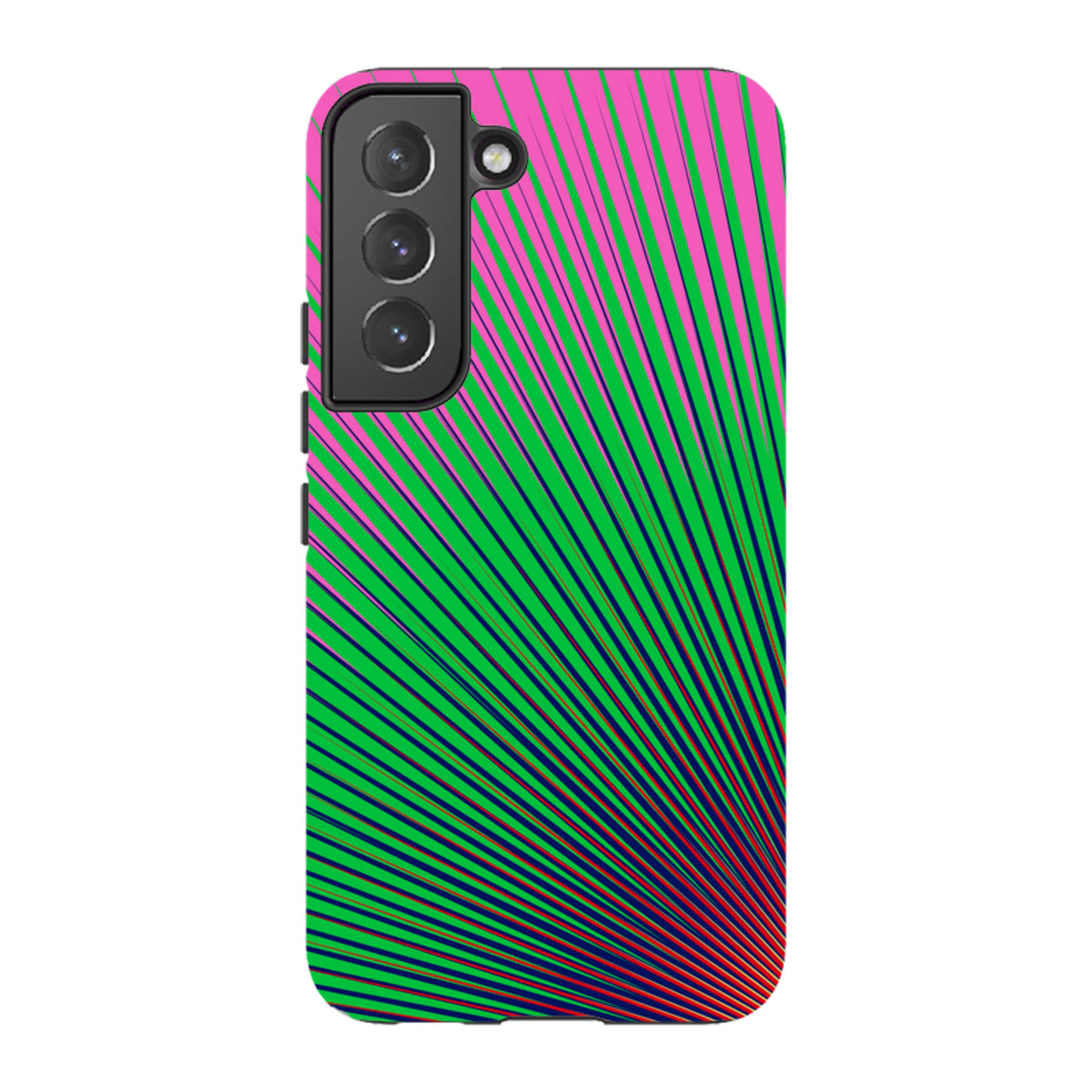 Samsung Tough Case featuring a vibrant pink and green radial sunburst pattern by Kitty Joseph for Galaxy phones.