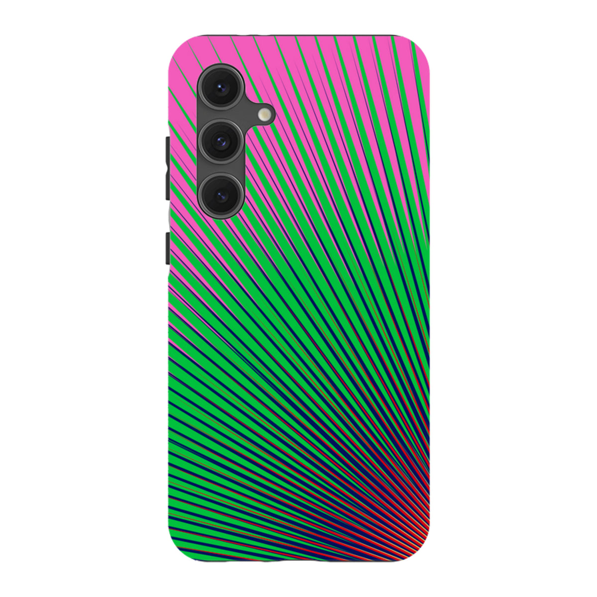Samsung Tough Case featuring a vibrant pink and green radial line pattern by Kitty Joseph for Galaxy phones.