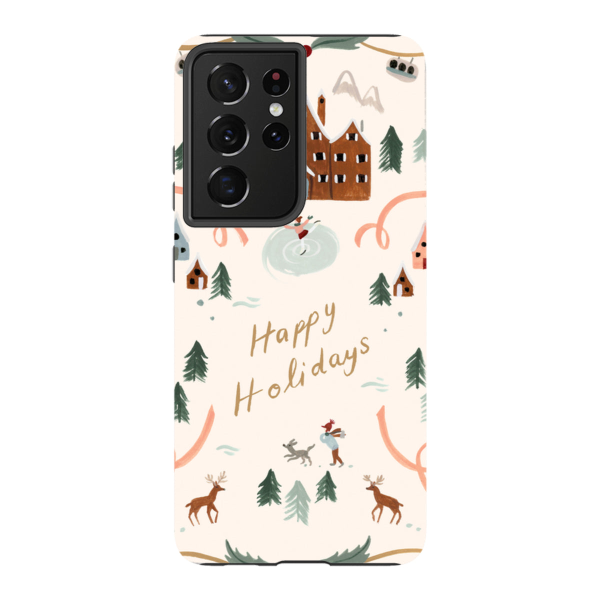 Samsung Tough Case featuring Bex Parkin's Happy Holidays winter illustration with reindeer and cabins on a cream background.