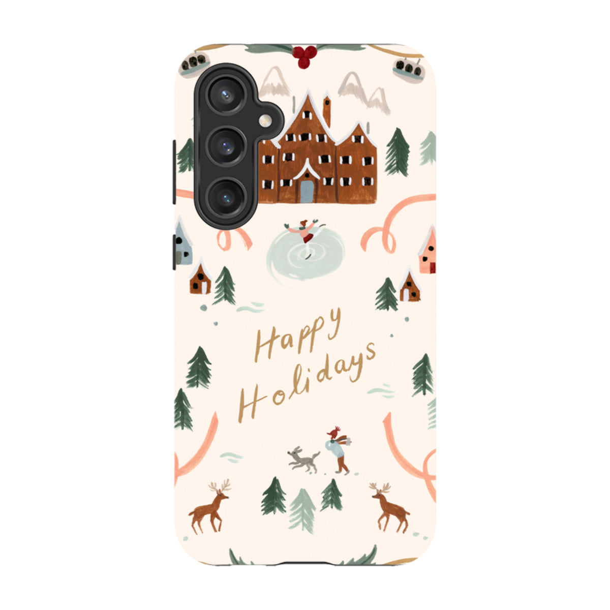 Samsung Tough Case featuring a festive Happy Holidays winter scene with reindeer, skaters, and trees on a cream background.
