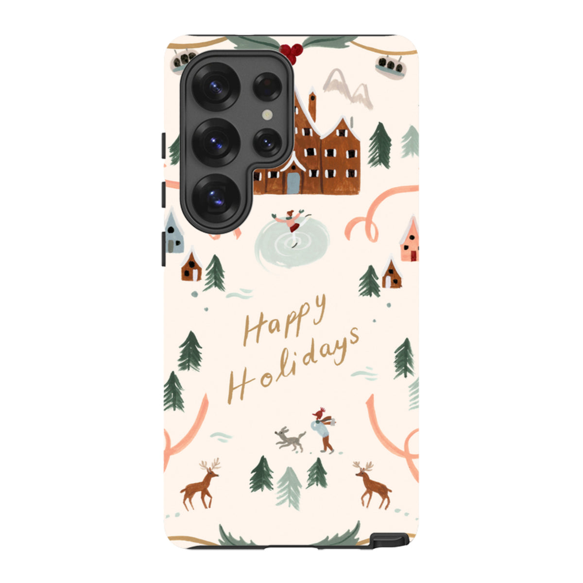 Samsung tough phone case featuring a festive Happy Holidays winter scene with reindeer, pine trees, and a cozy cabin.
