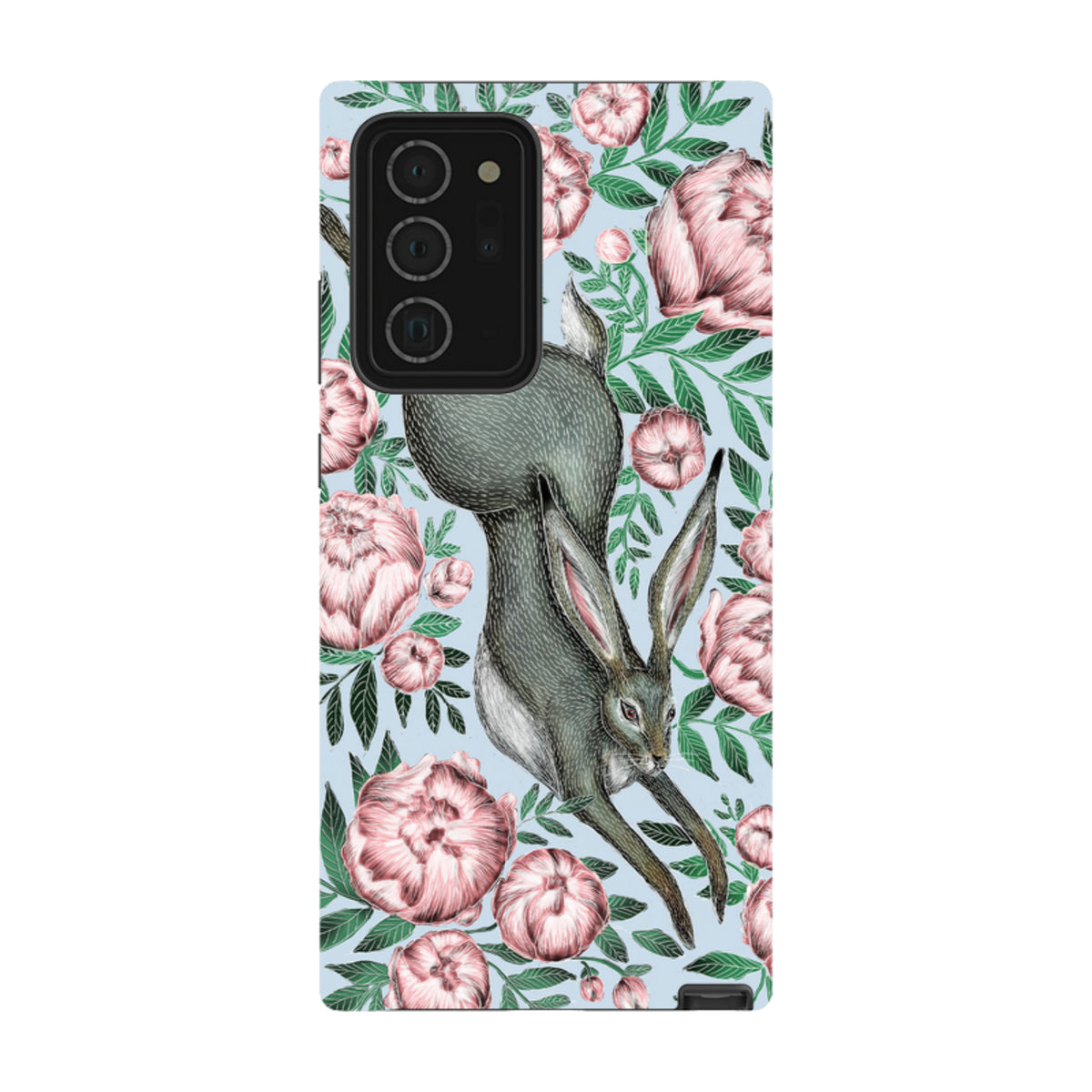 Samsung Tough Case featuring a grey hare and pink peonies on a light blue background for Galaxy phones.