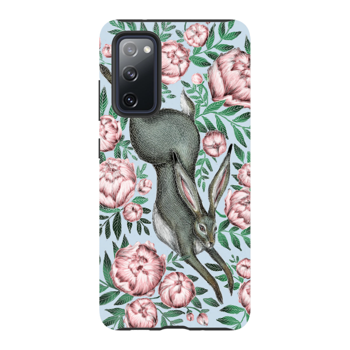 Samsung phone case featuring a grey hare surrounded by pink peonies and green leaves on a light blue background.