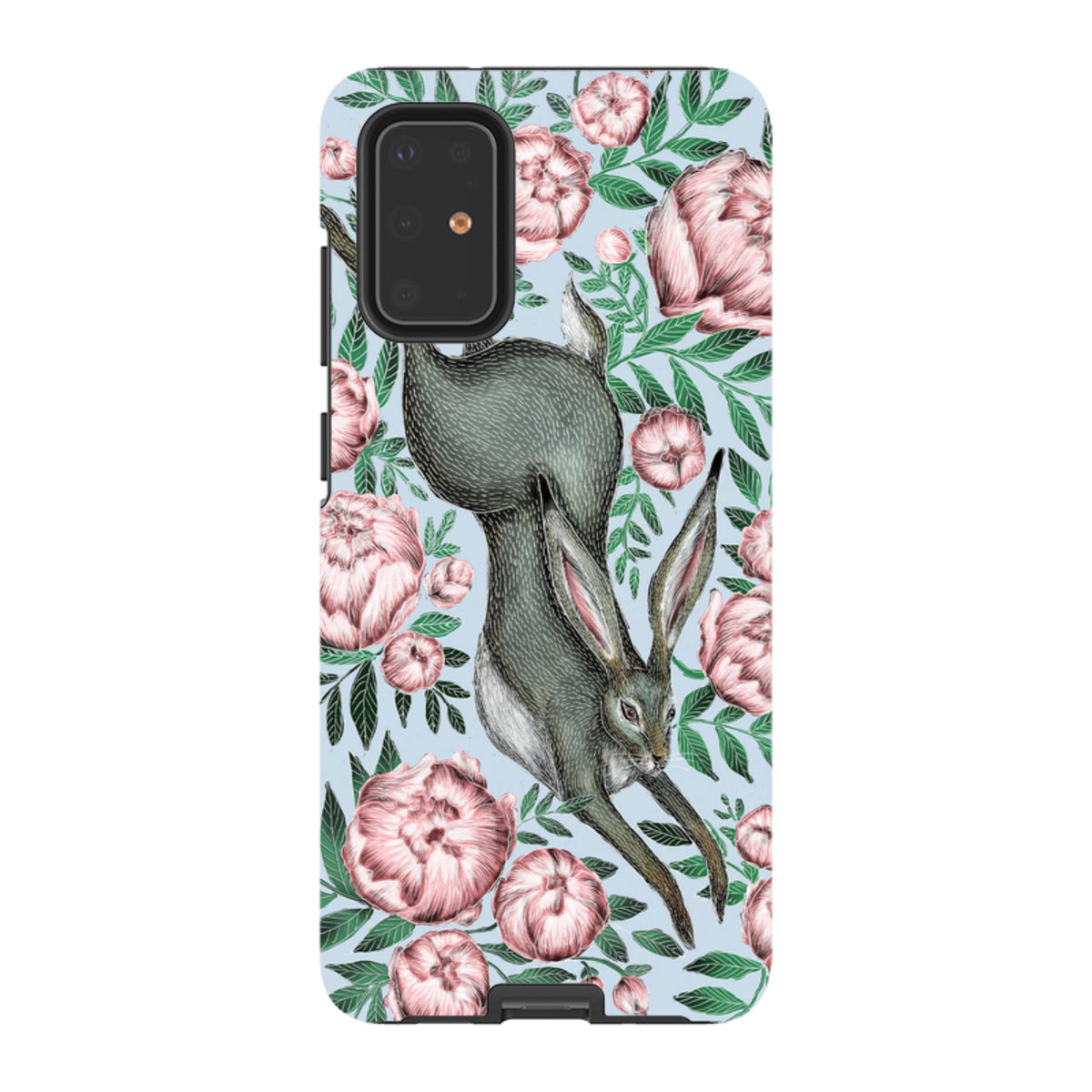 Samsung Tough Case featuring a grey hare and pink peonies on a light blue background with a dual-layer protective design.